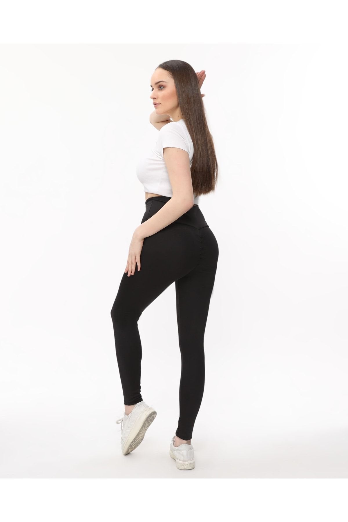 Arkası Hafif Büzgülü Tayt Yüksek Bel Siyah Renk