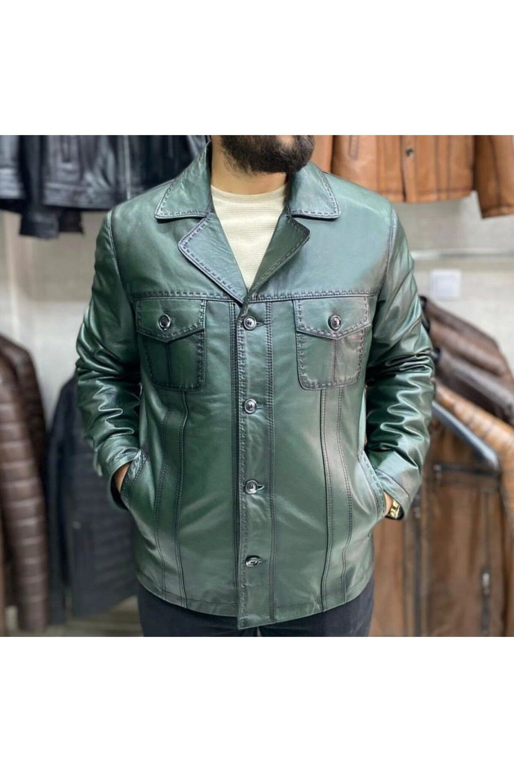Yeşil Karartmalı Hakiki Deri Ceket Dar Kesim