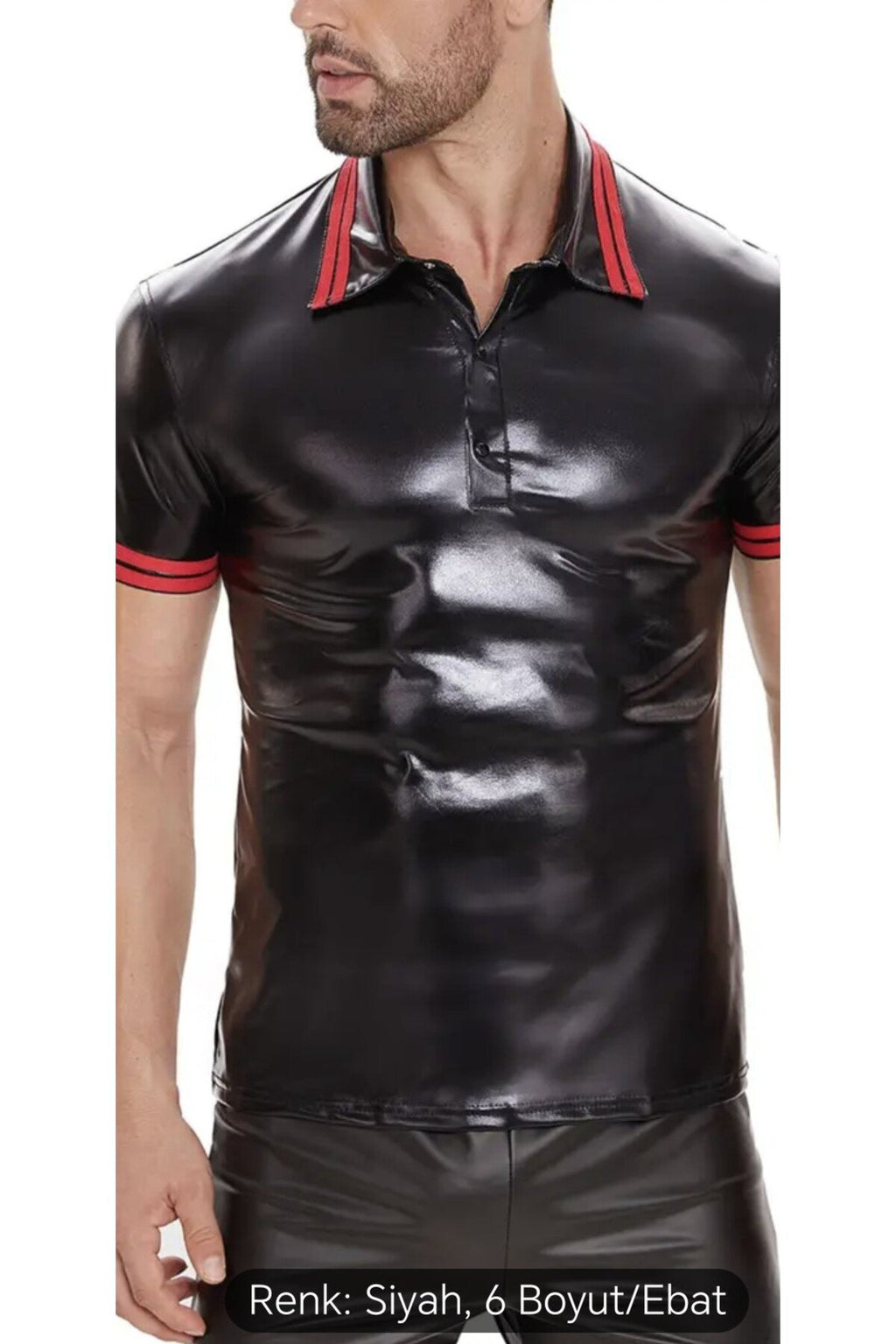 Deri Polo Yaka Tişört Kırmızı şeritli desenli