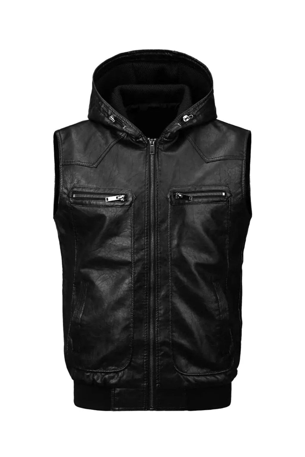 Kapüşonlu Triko yaka ve Triko Bel Hakiki kuzu derisi yelek