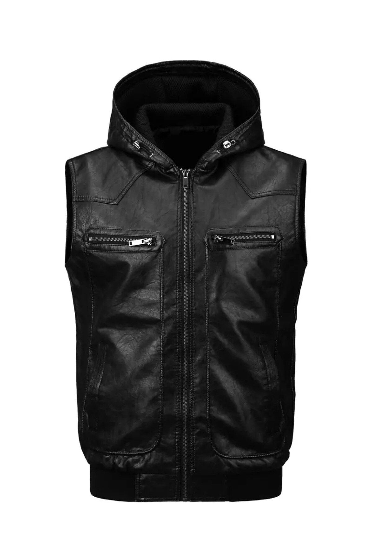 Kapüşonlu Triko yaka ve Triko Bel Hakiki kuzu derisi yelek