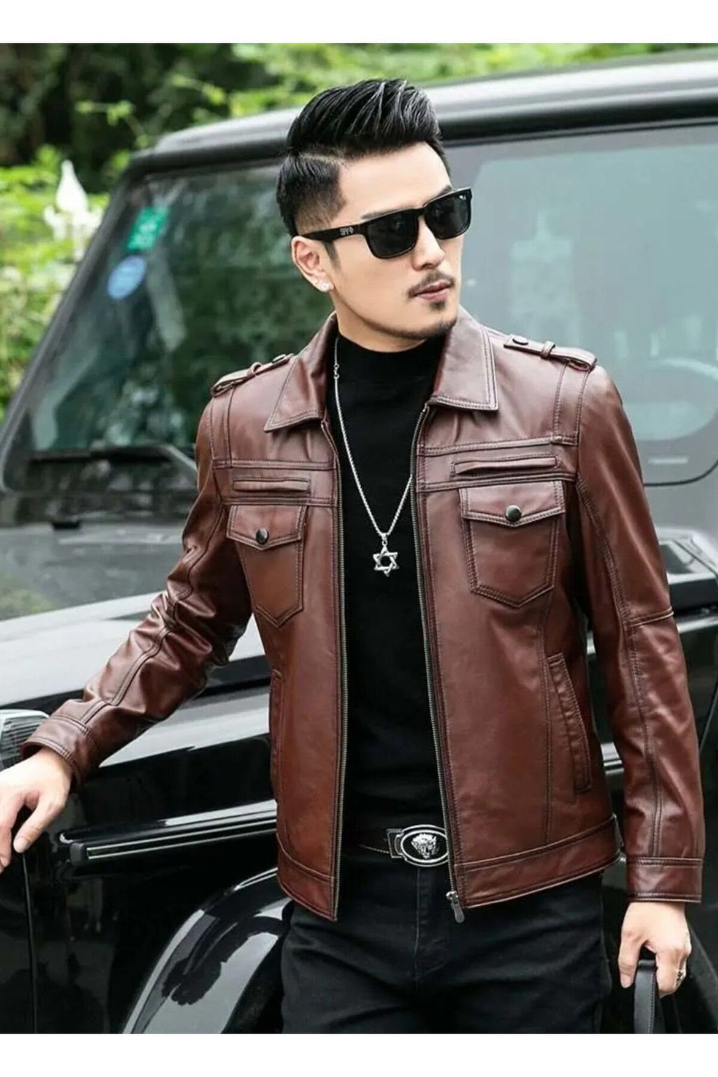 Hakiki deri ceket tarzı mont apoletli