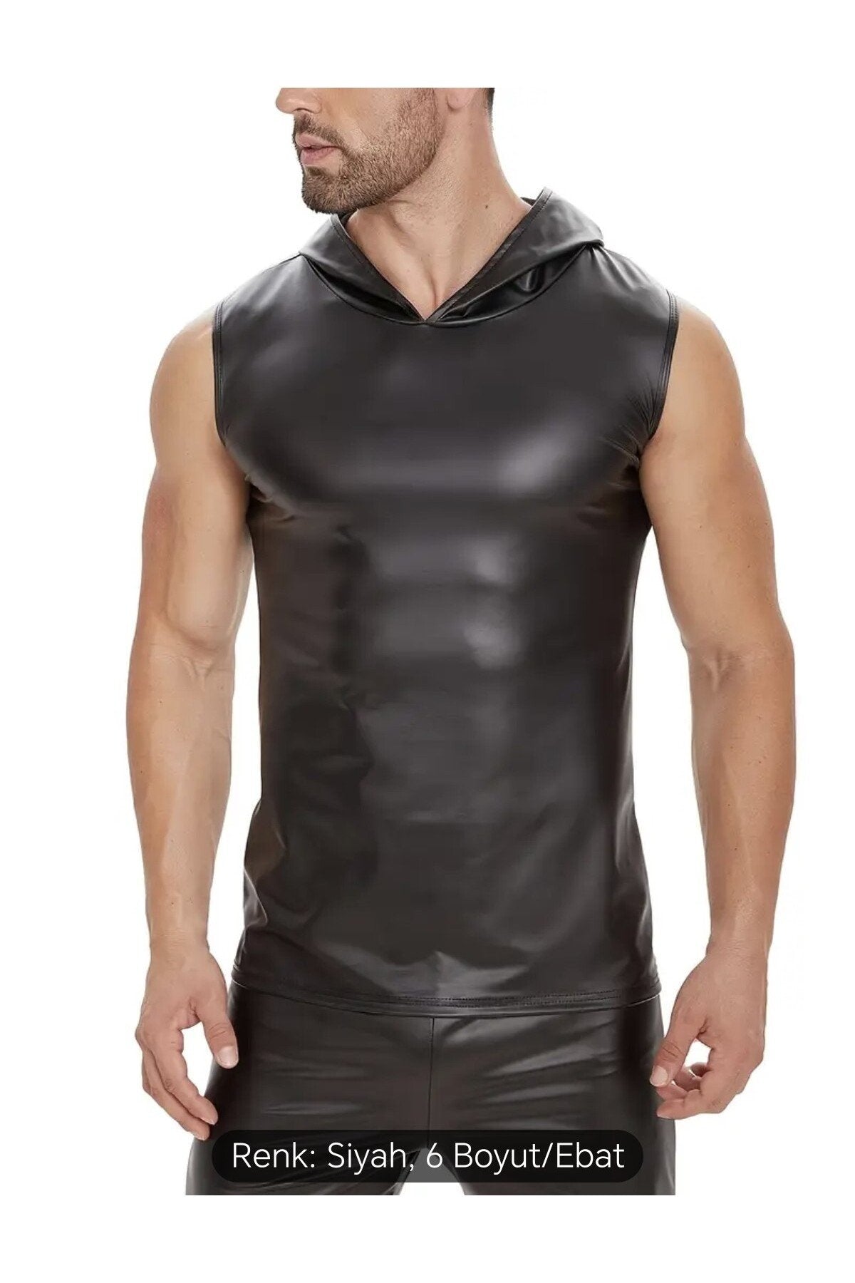 Deri Tişört Kapüşonlu Sıfır Kol Dar Kesim