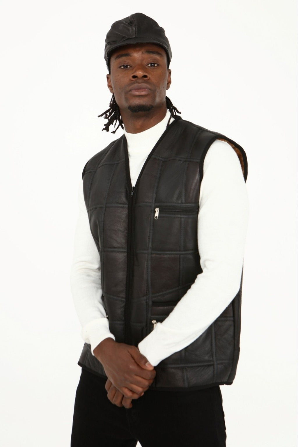 Parçalı Hakiki Deri ve Hakiki Kürk Parçalı yelek Koyu Kahverengi,