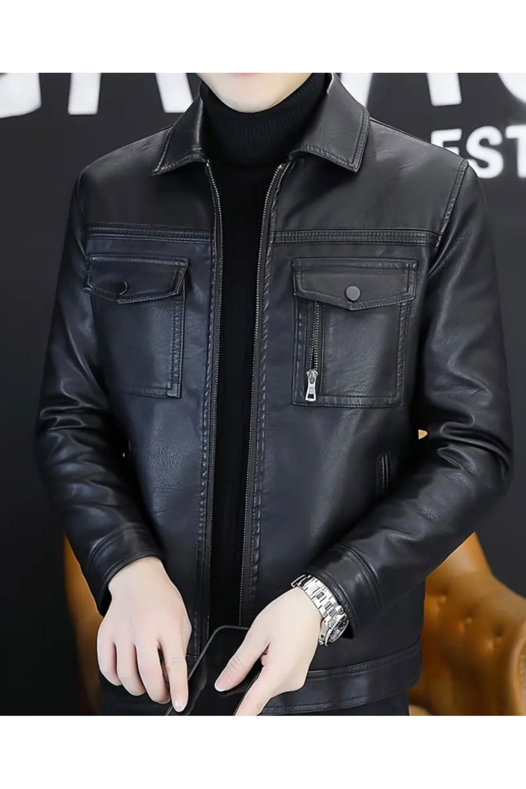 Gömlek Yaka ,Tam Fermuar Kapamalı, Cep Detaylı, Hakiki Kuzu Derisi Spor Ceket