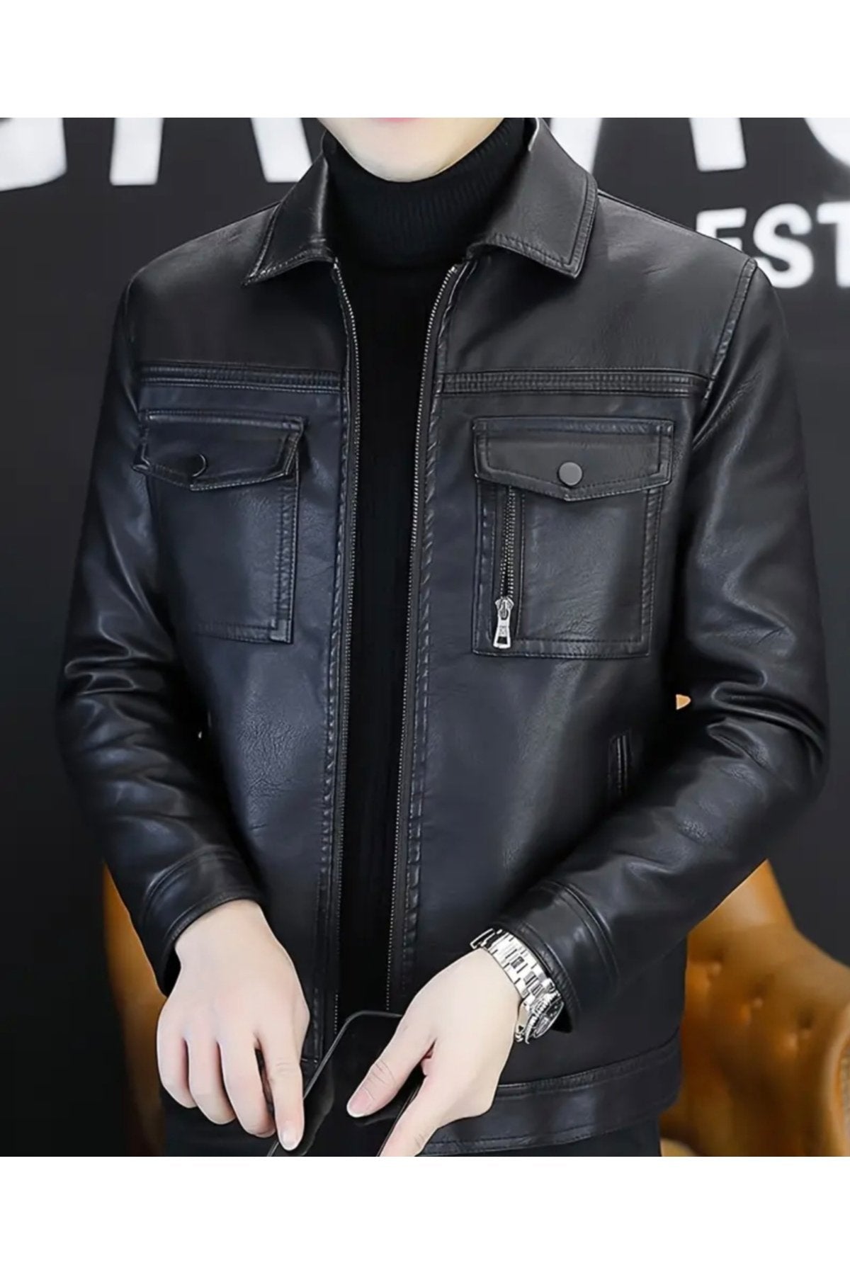 Gömlek Yaka ,Tam Fermuar Kapamalı, Cep Detaylı, Hakiki Kuzu Derisi Spor Ceket