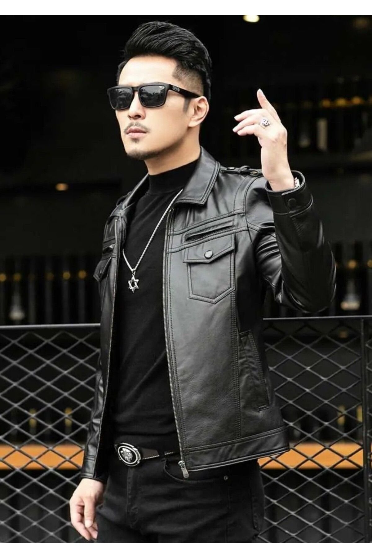 Hakiki deri ceket tarzı mont apoletli