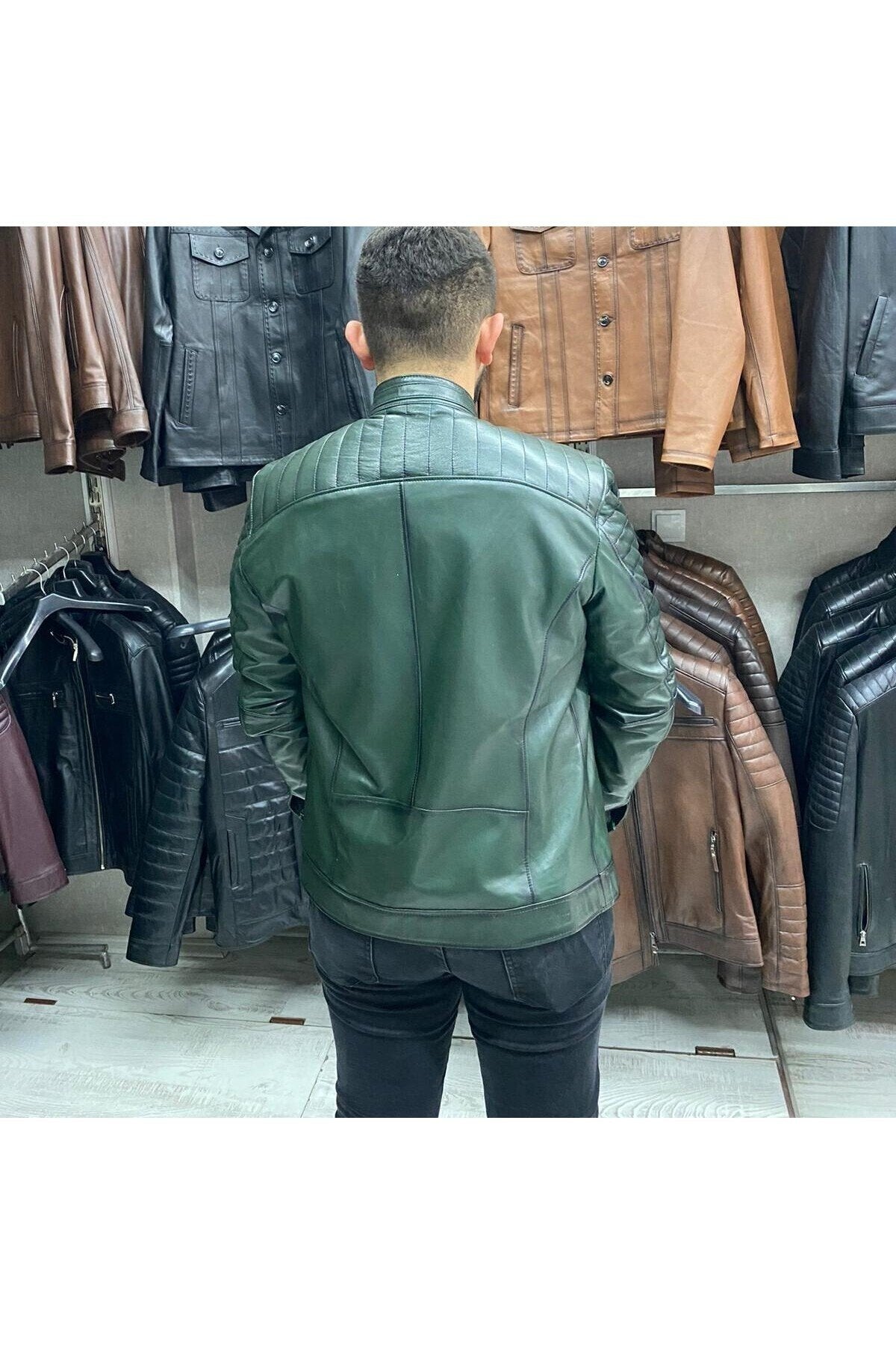 Yeşil Karartmalı Hakiki Deri Spor Mont Ceket Slim Fit