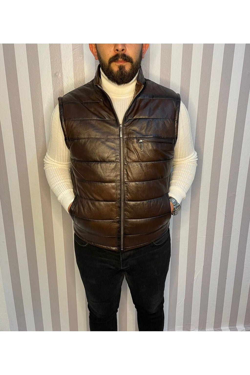 Şişme Hakiki Deri Yelek Karartmalı Kahve Gündelik,Mevsimlik Slim Fit Kesim