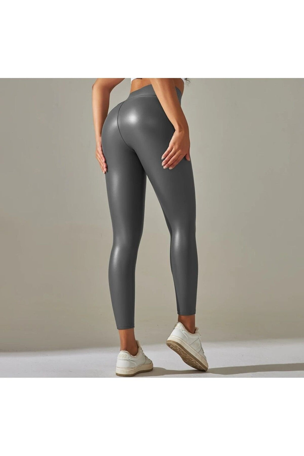 PU Deri Tayt Yüksek Bel koyu gri