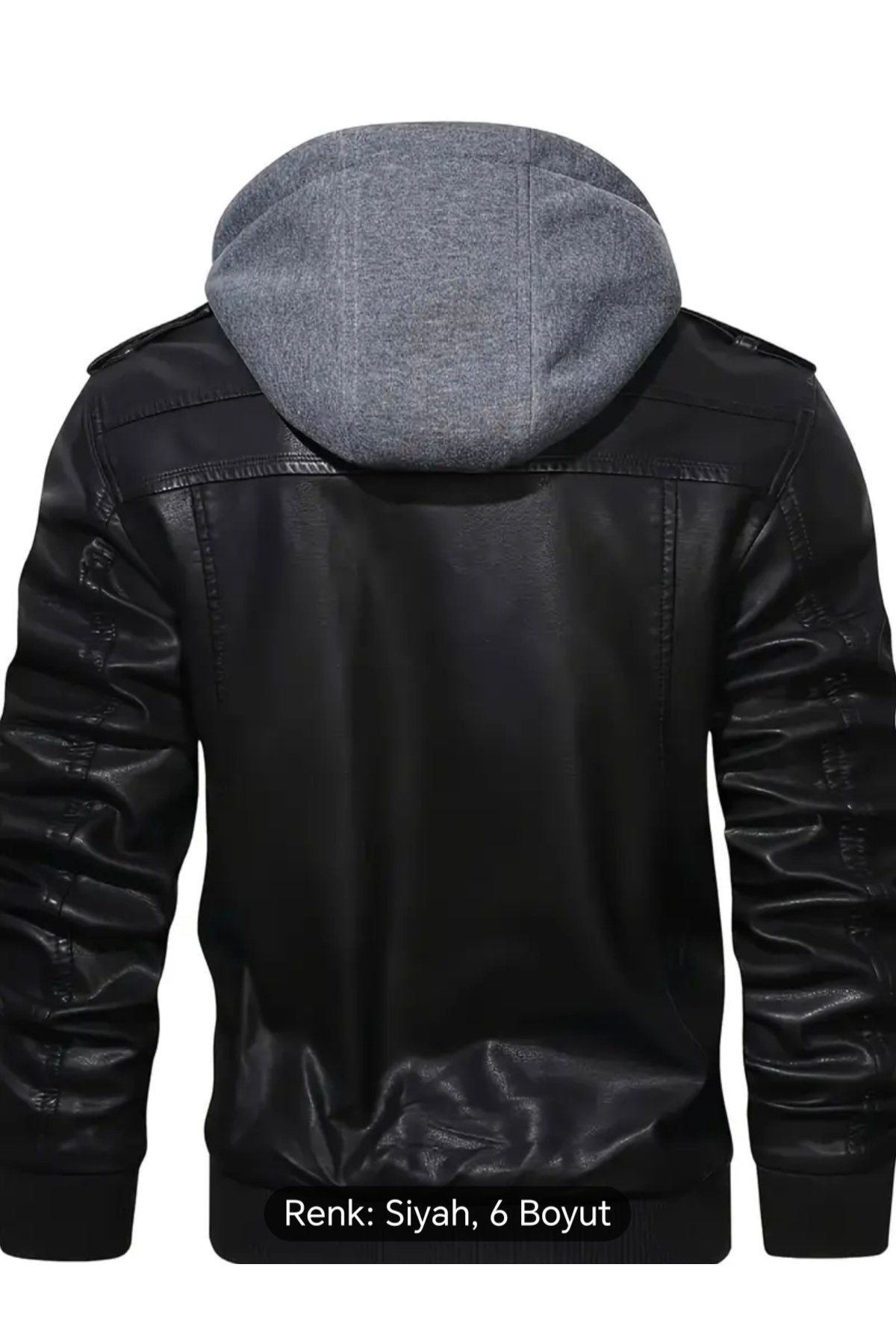 Kapüşonlu hakiki deri apolet ve fermuar detaylı mont