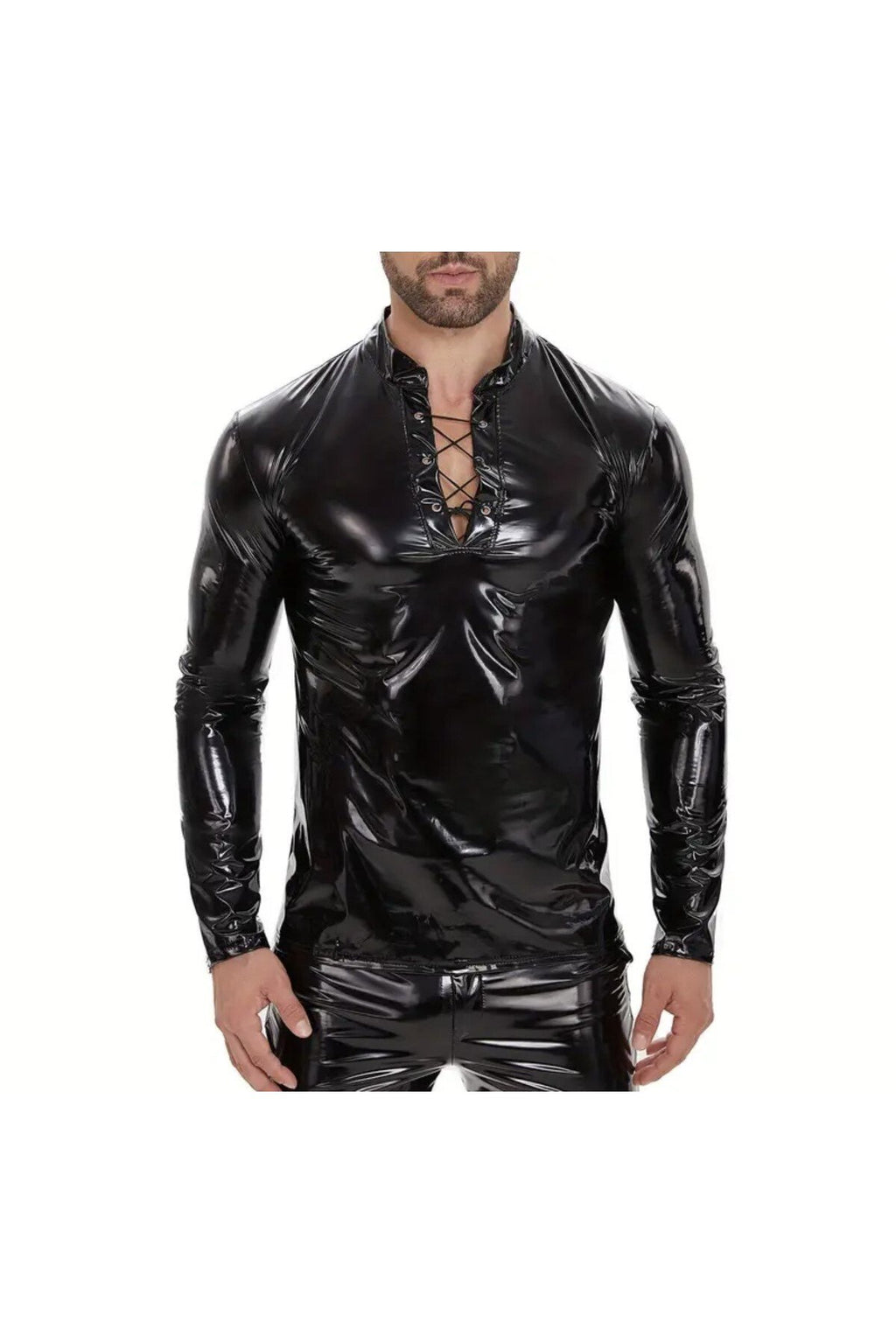 Parlak Rugan Deri Yakası İp Bağlamalı Tişört