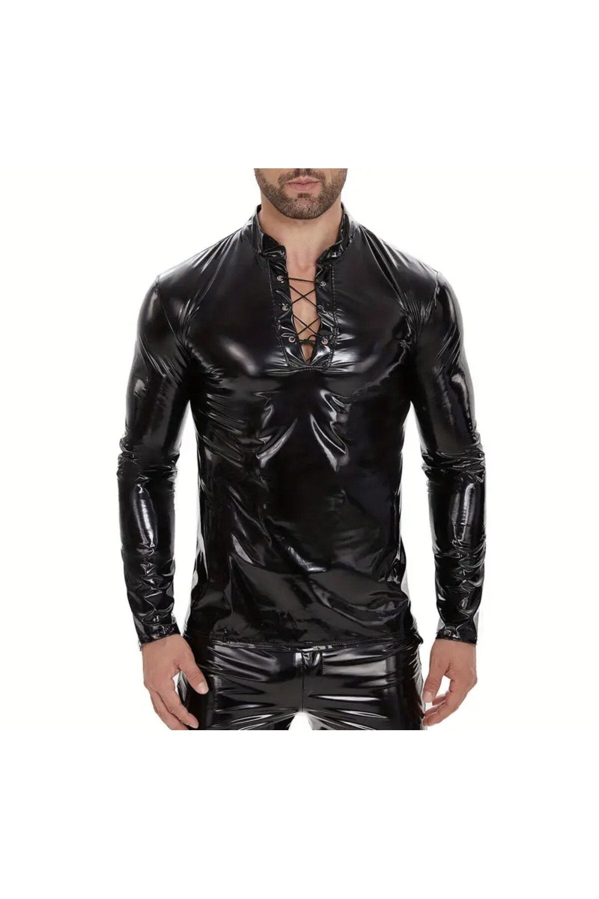 Parlak Rugan Deri Yakası İp Bağlamalı Tişört