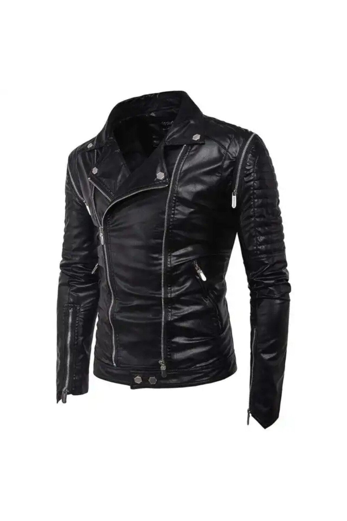 Hakiki kuzu derisi omuzları dikey süs fermuarlı biker mont
