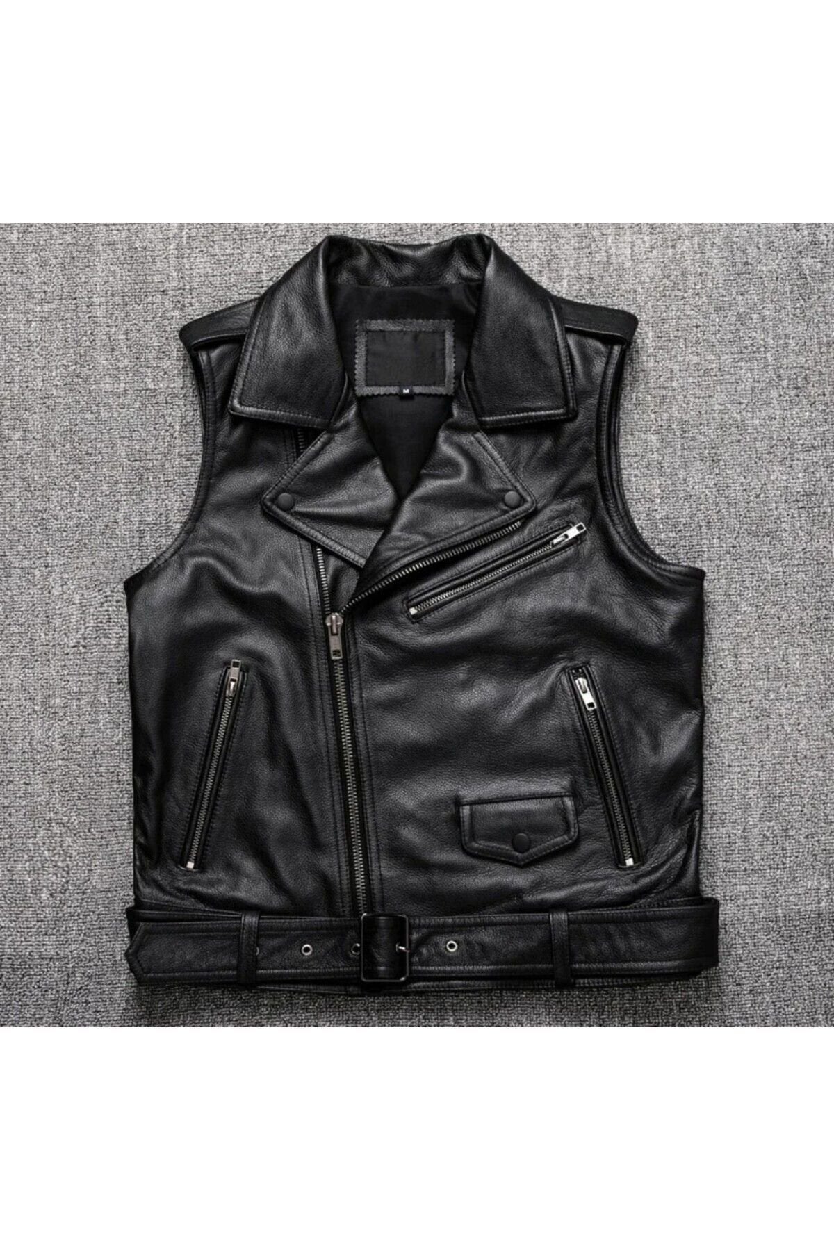 Kuzu derisi motorcu tarzı biker yelek siyah renk