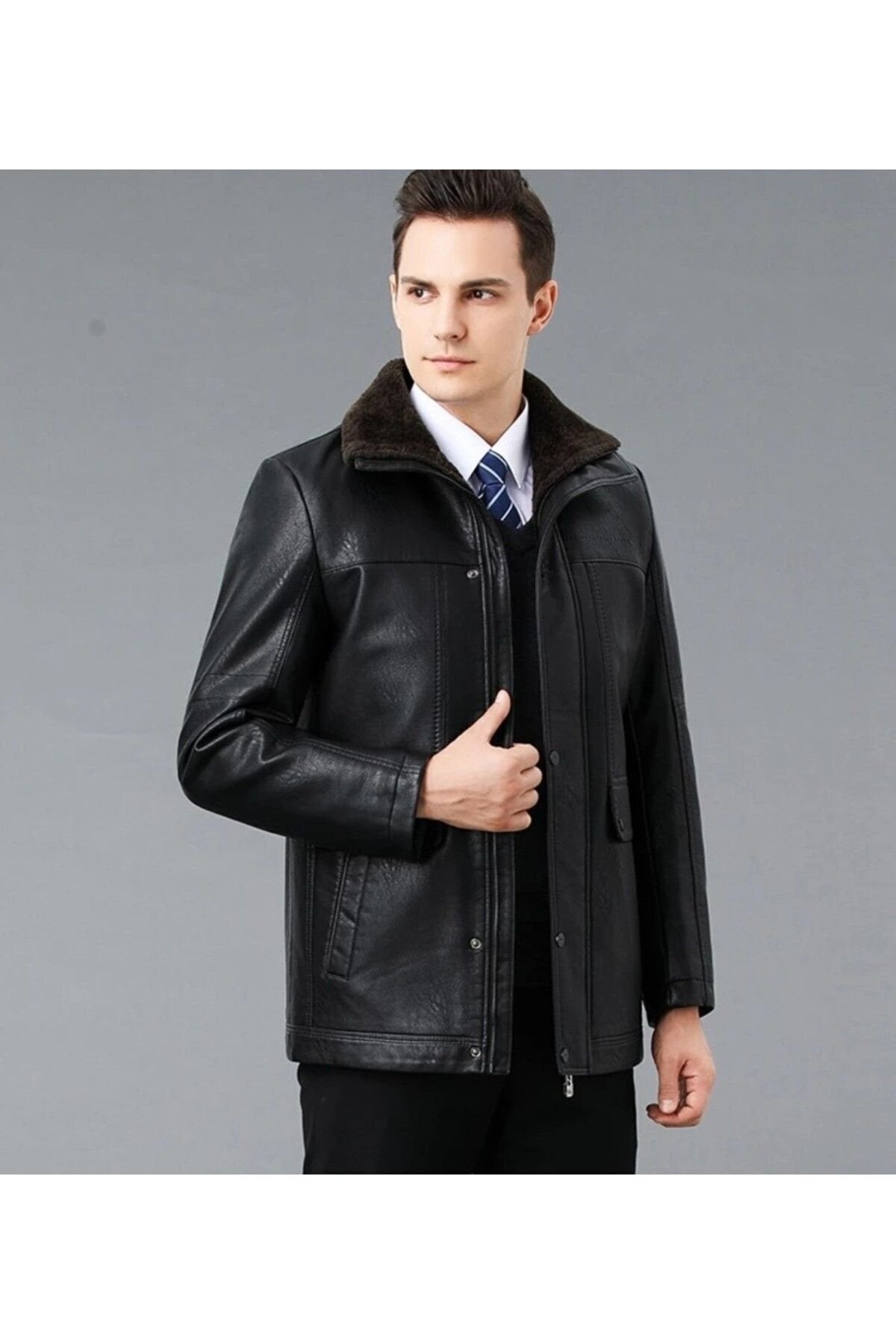 Hakiki deri İçi kürk yakası entegreli kürk mont kaban
