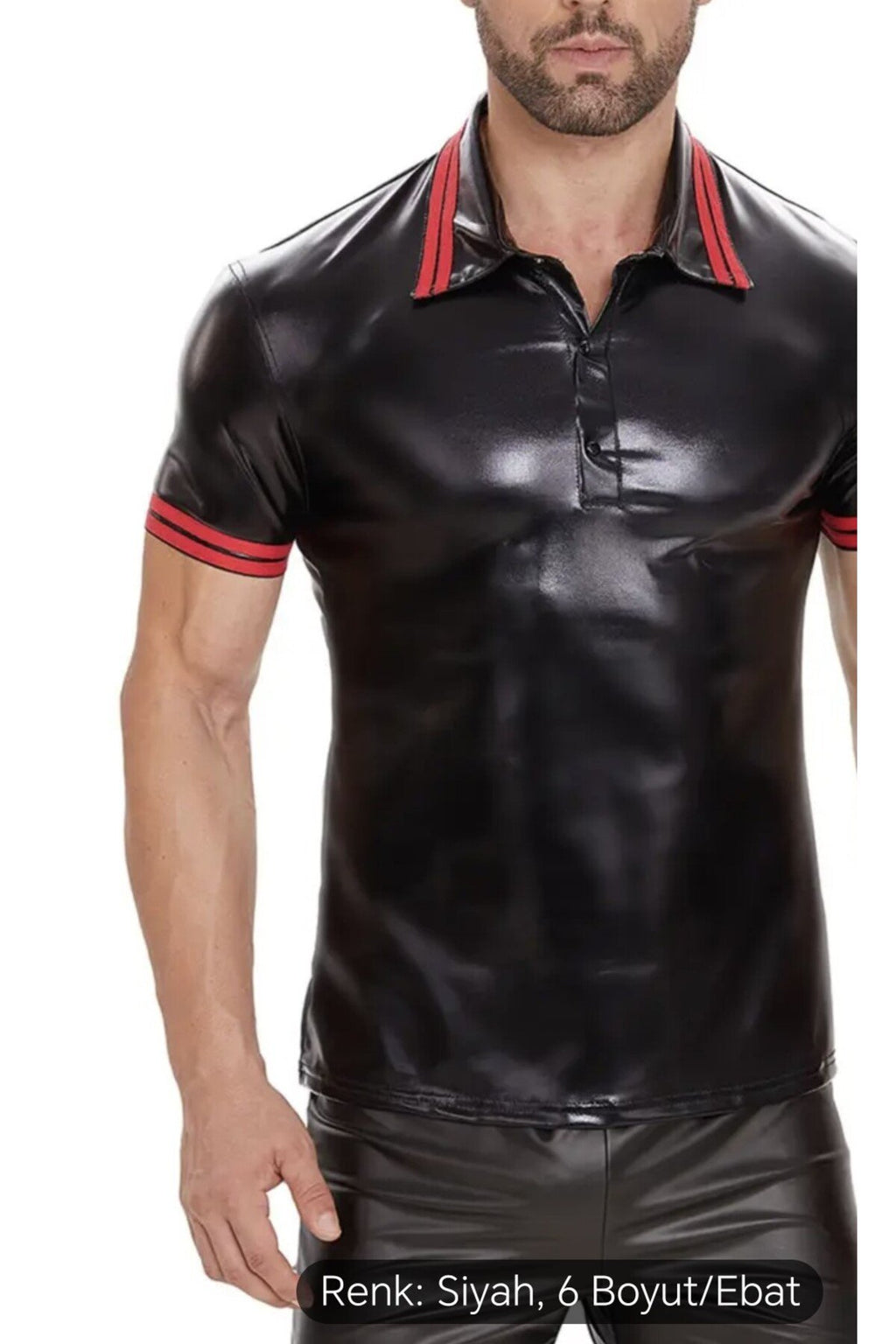 Deri Polo Yaka Tişört Kırmızı şeritli desenli