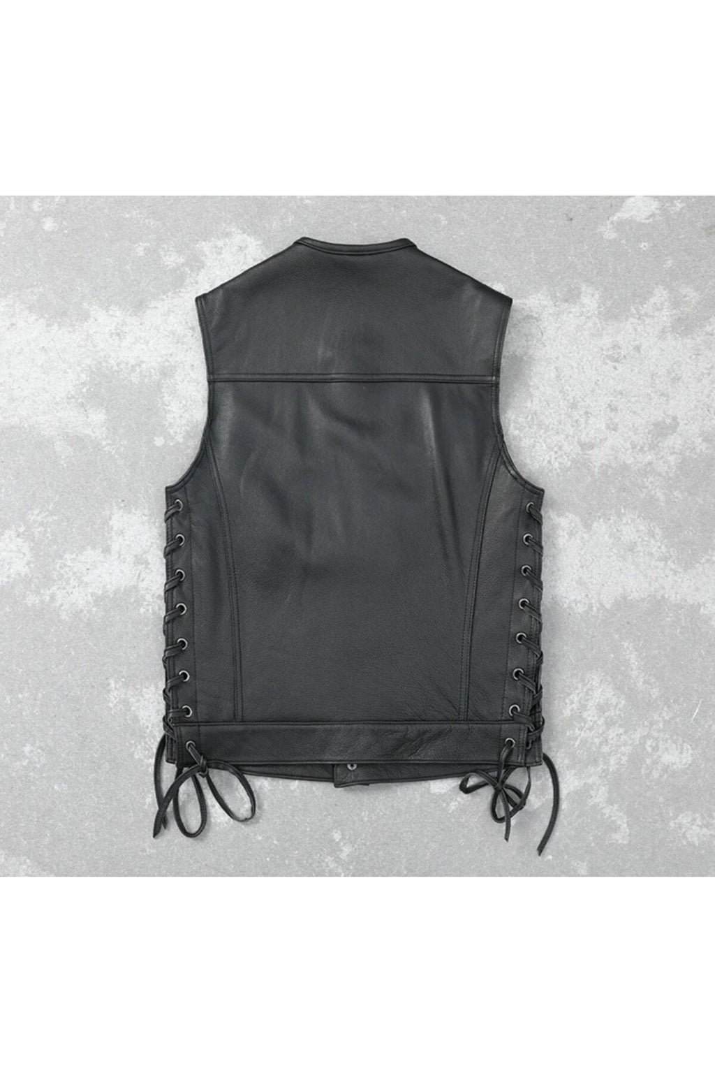 Yanları deri ip bağlamalı biker yelek hakiki deri