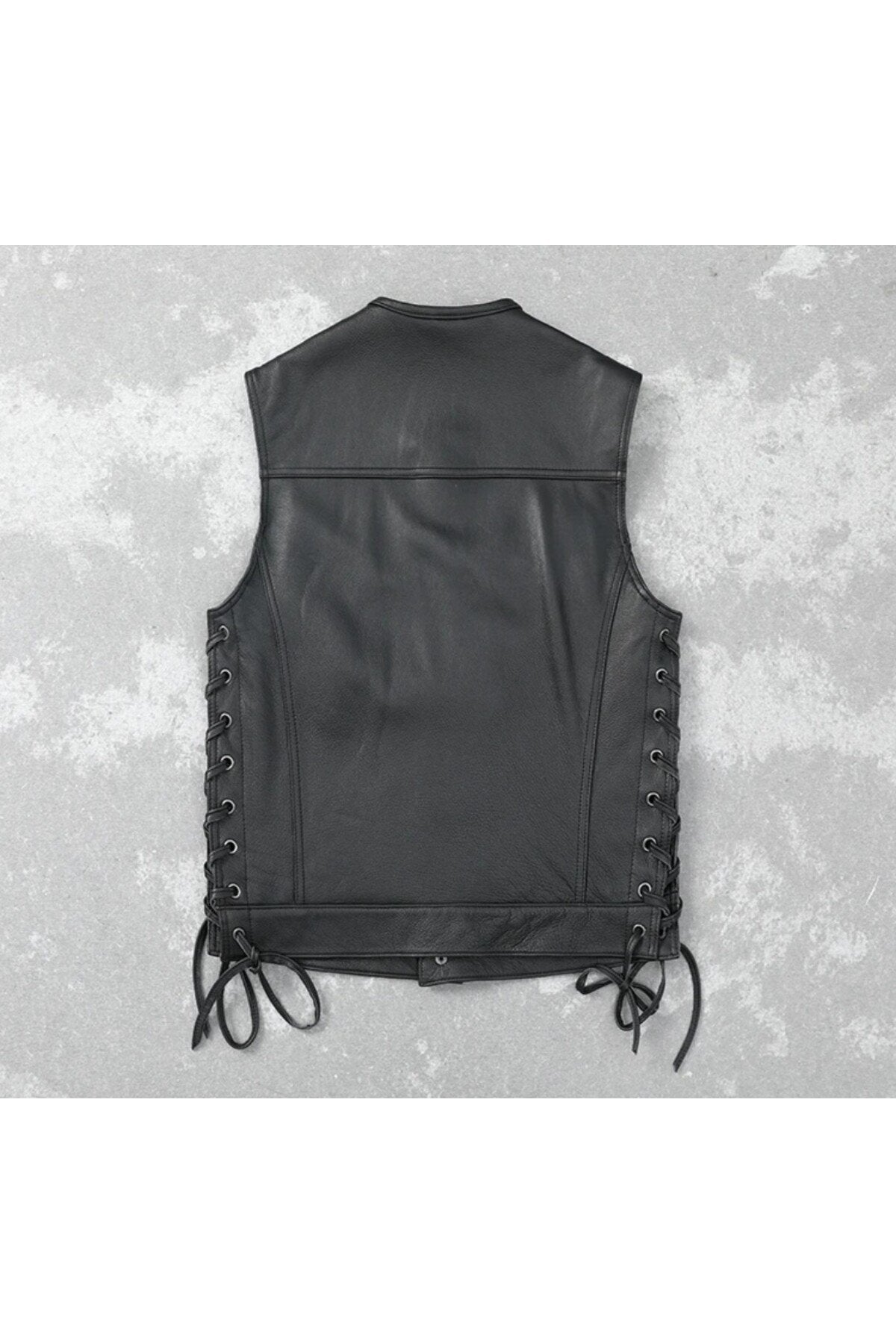 Yanları deri ip bağlamalı biker yelek hakiki deri