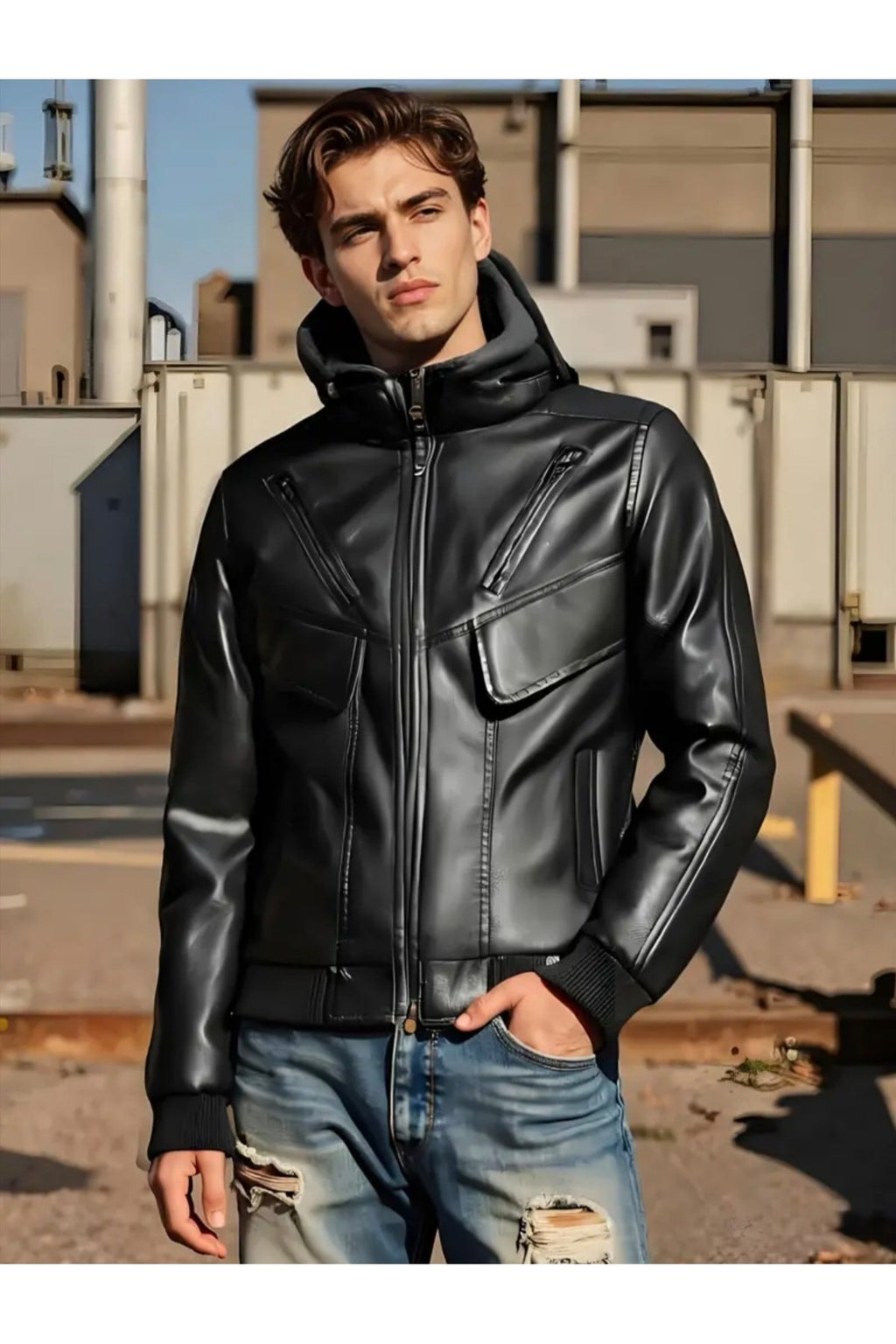 Kapüşonlu Hakiki Deri Kapak Süslü Mont Mat Veya Parlak Seçenekli