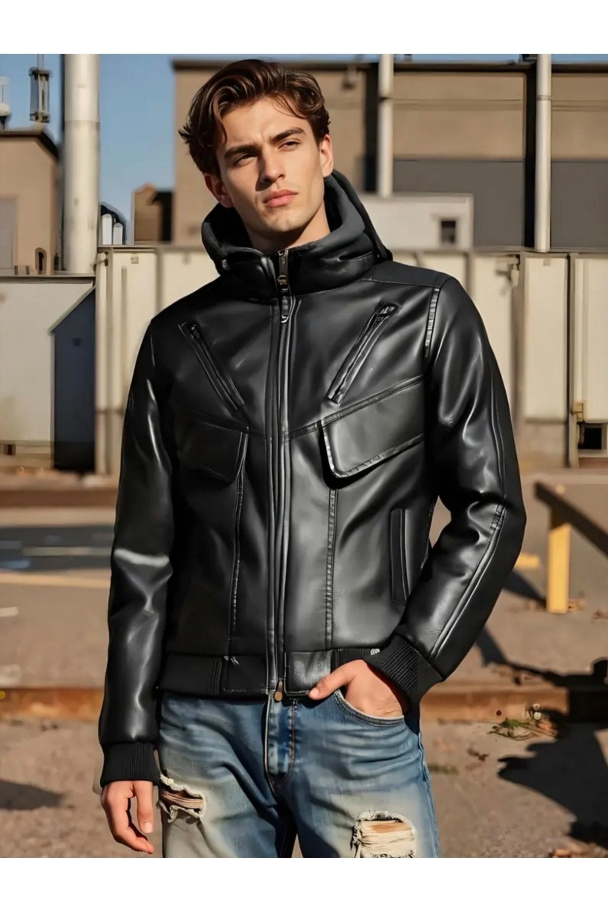 Kapüşonlu Hakiki Deri Kapak Süslü Mont Mat Veya Parlak Seçenekli