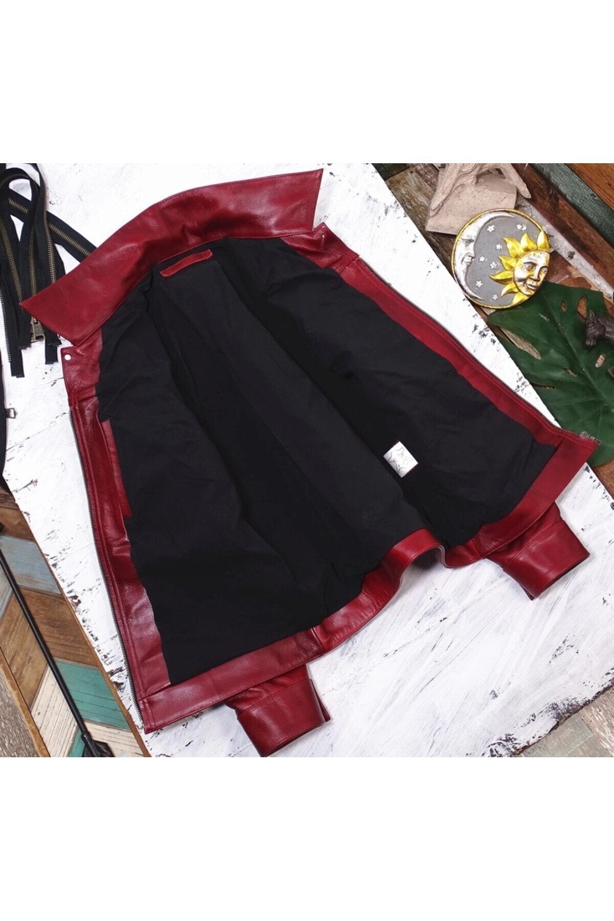 Vintage ceket tarzı şarap kırmızı renk hakiki deri mont