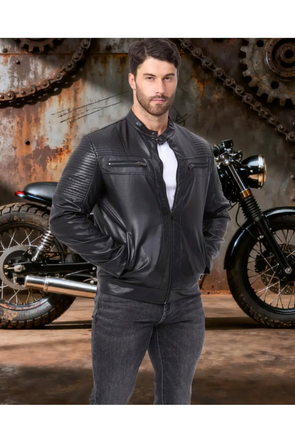 Omuzları ve Kolları Dikiş Detaylı Hakiki Kuzu Derisi Motorcu Mont