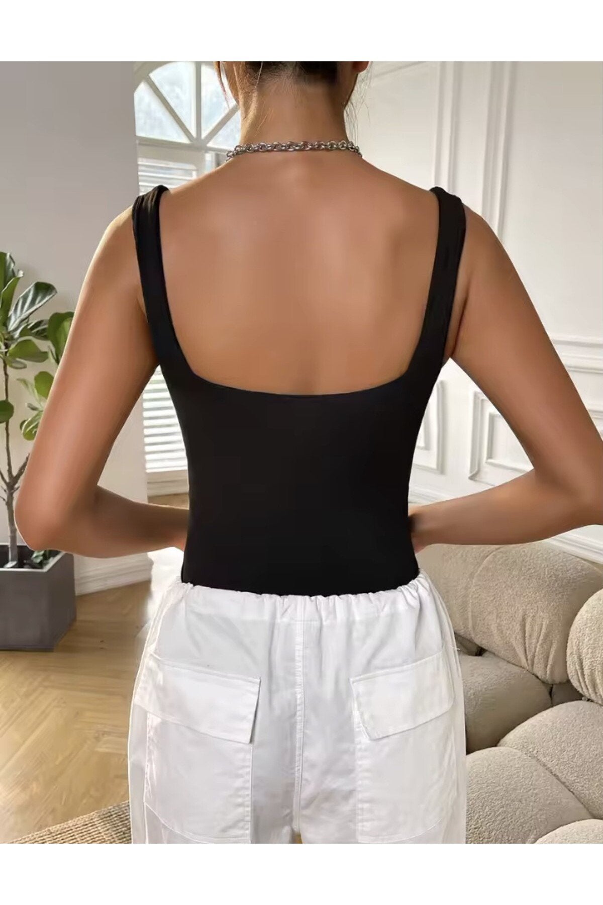 Kare yaka toparlayıcı siyah kadın mayo