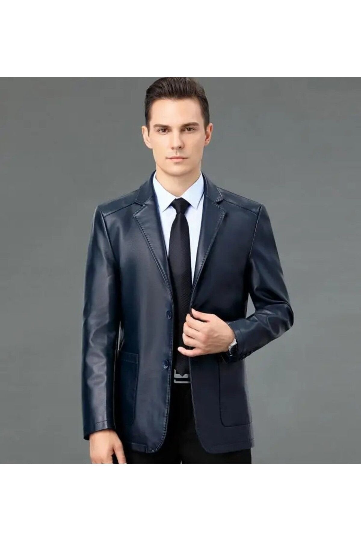 Hakiki deri ince kesit blazer klasik ceket