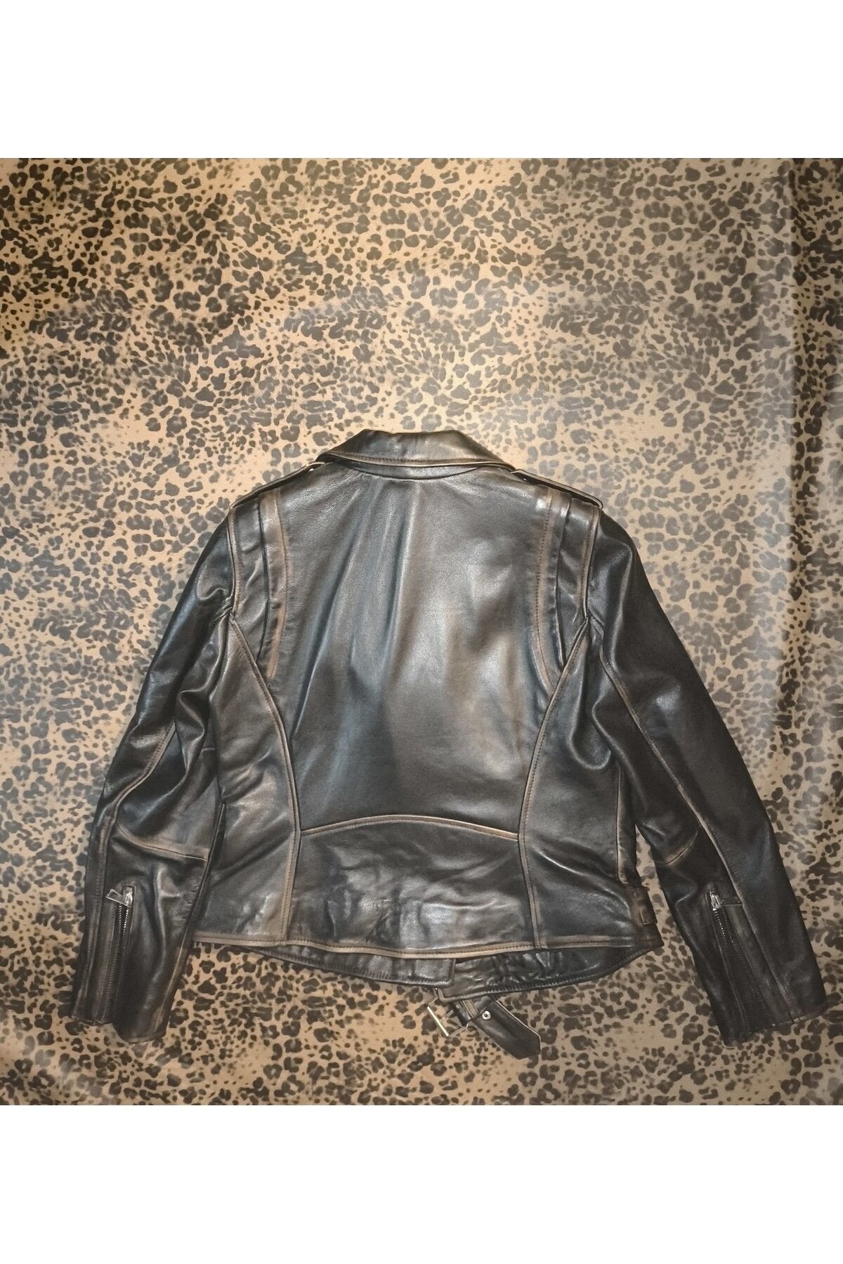 Hakiki deri Kadın ceket slim-fit biker model motorcu tarzı eskitme