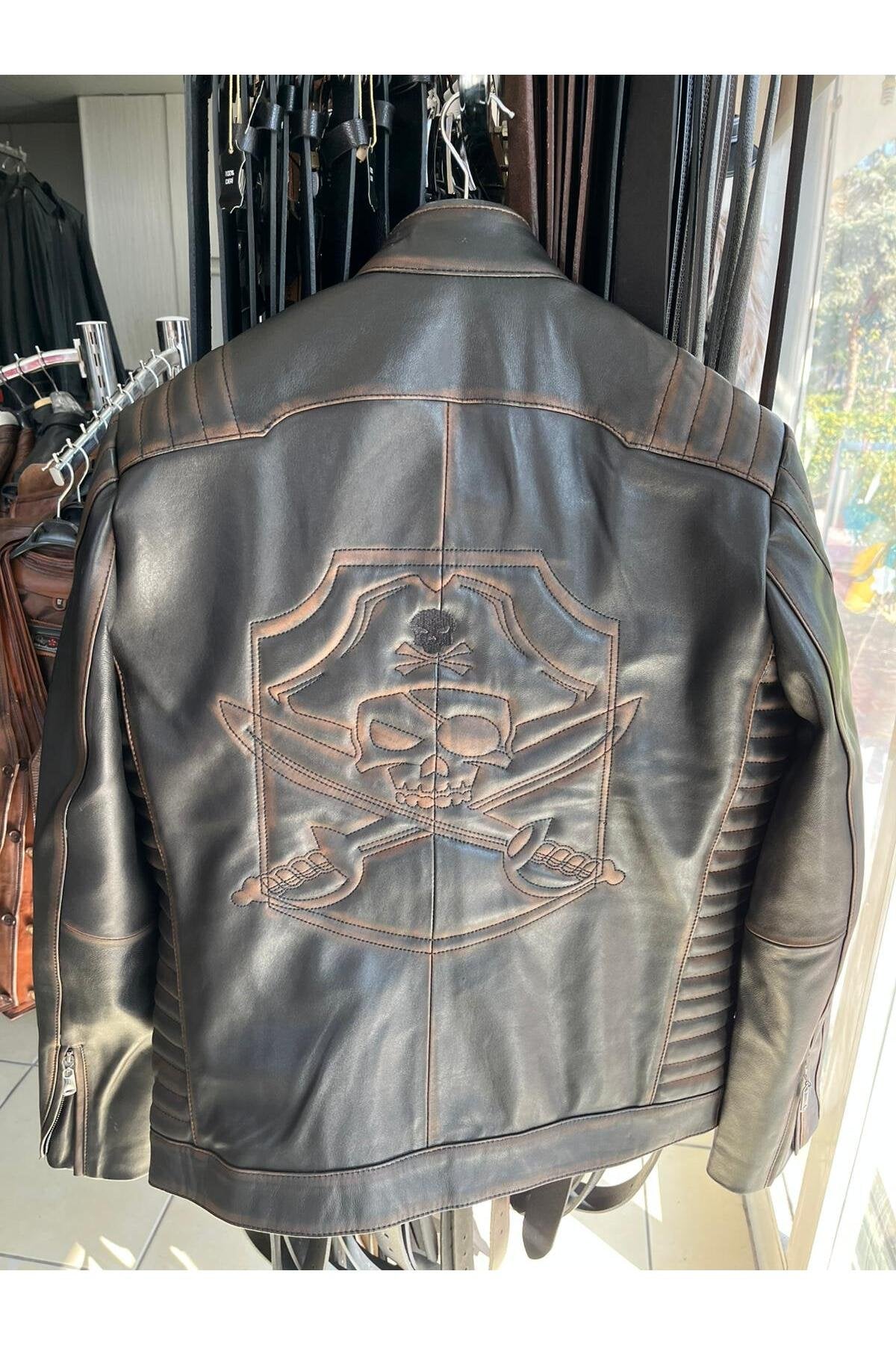 Vintage Tarz Hakiki Deri Motosiklet Montlar, Koyun Derisi, Eskitme Tasarım, Orta Kalınlık