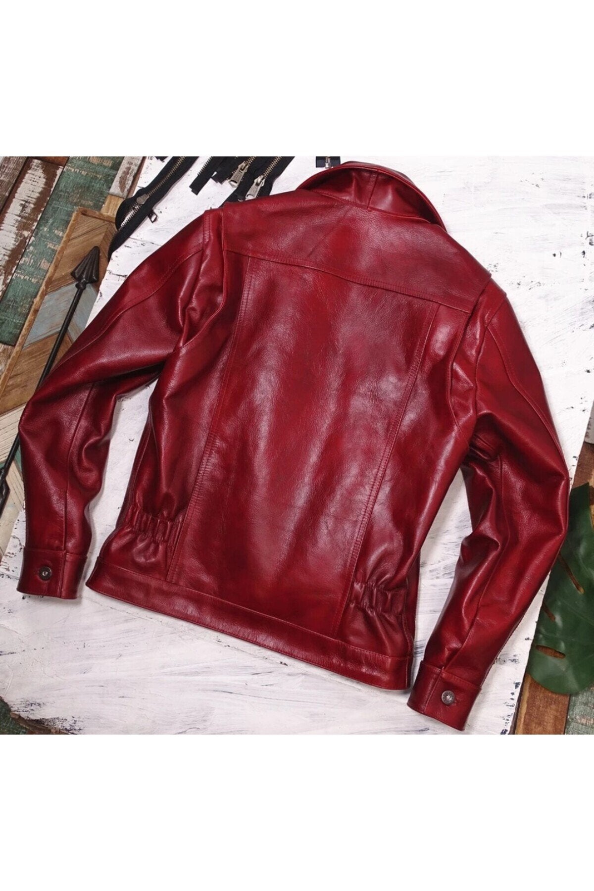 Vintage ceket tarzı şarap kırmızı renk hakiki deri mont