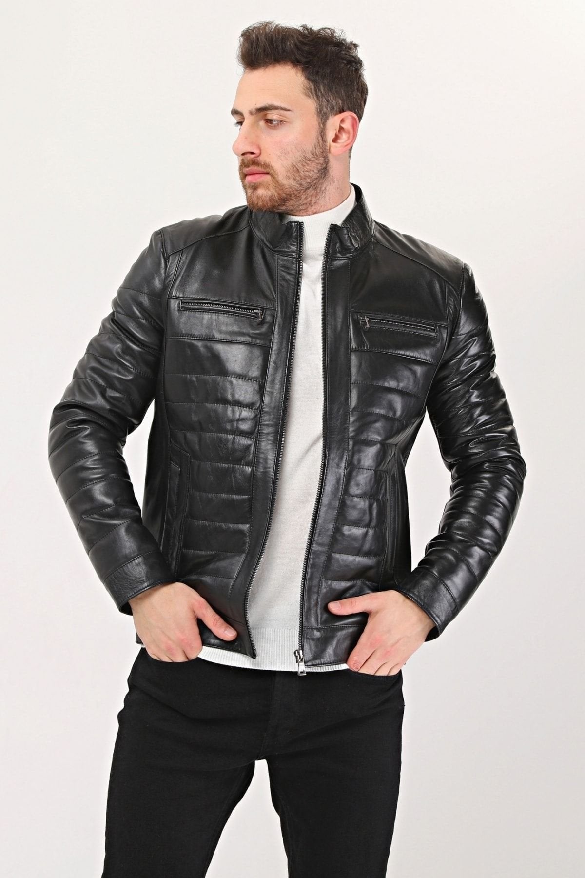 Hakiki Deri Şişme Tarzı Mont Siyah Renk