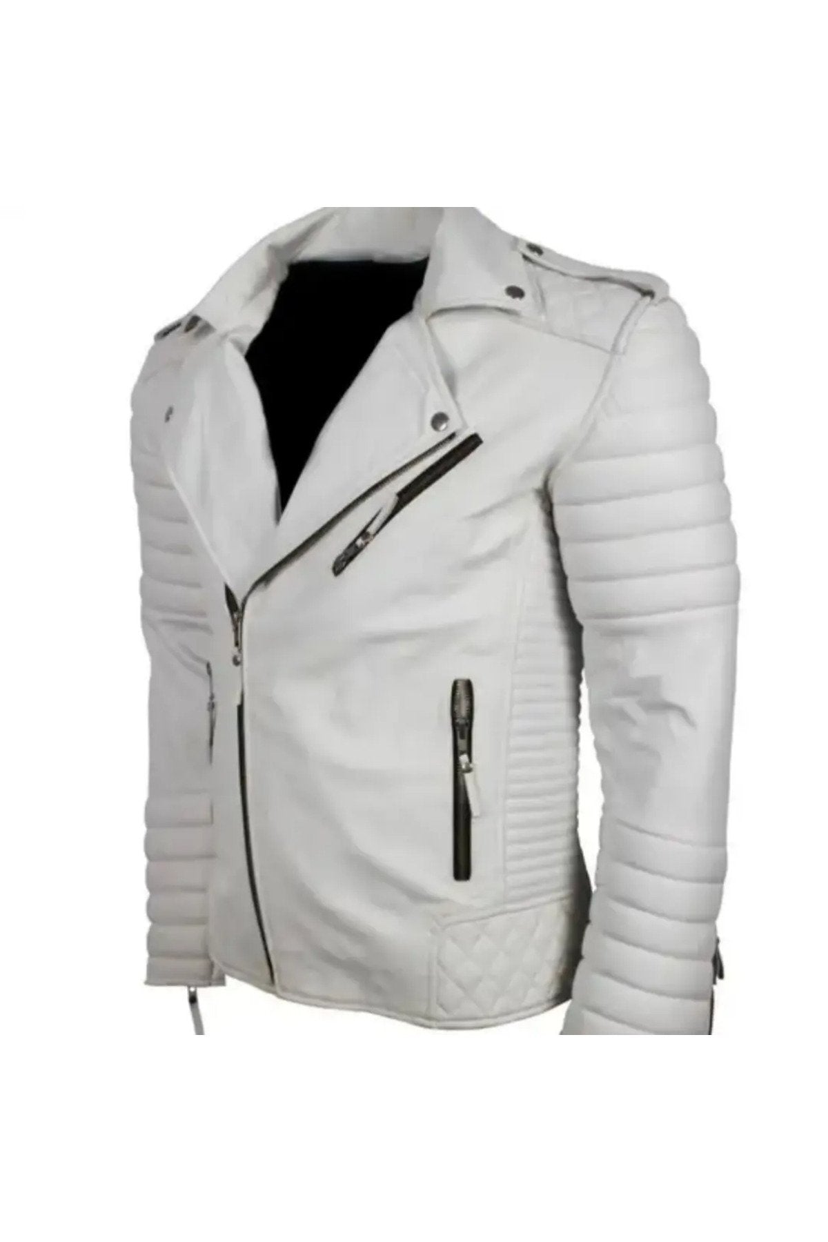 Motorcu tarzı kuzu derisi biker mont beyaz renk