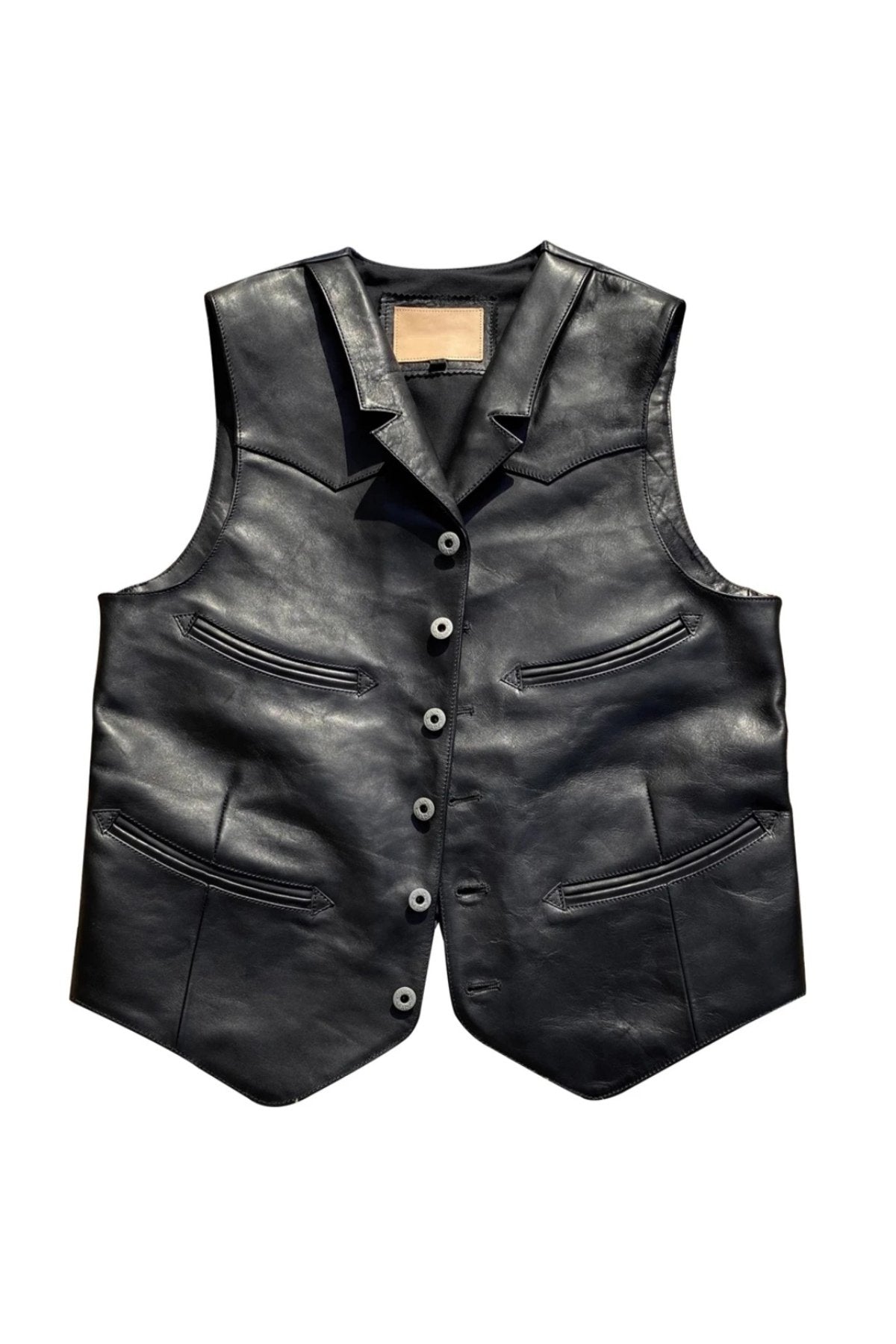 Yakalı metal düğmeli yelek hakiki deri