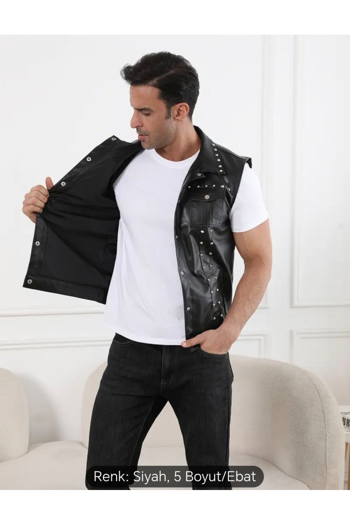 Motorcu Cooper Yelek Perçin Çivi Uç Detaylı Hakiki Deri Yelek