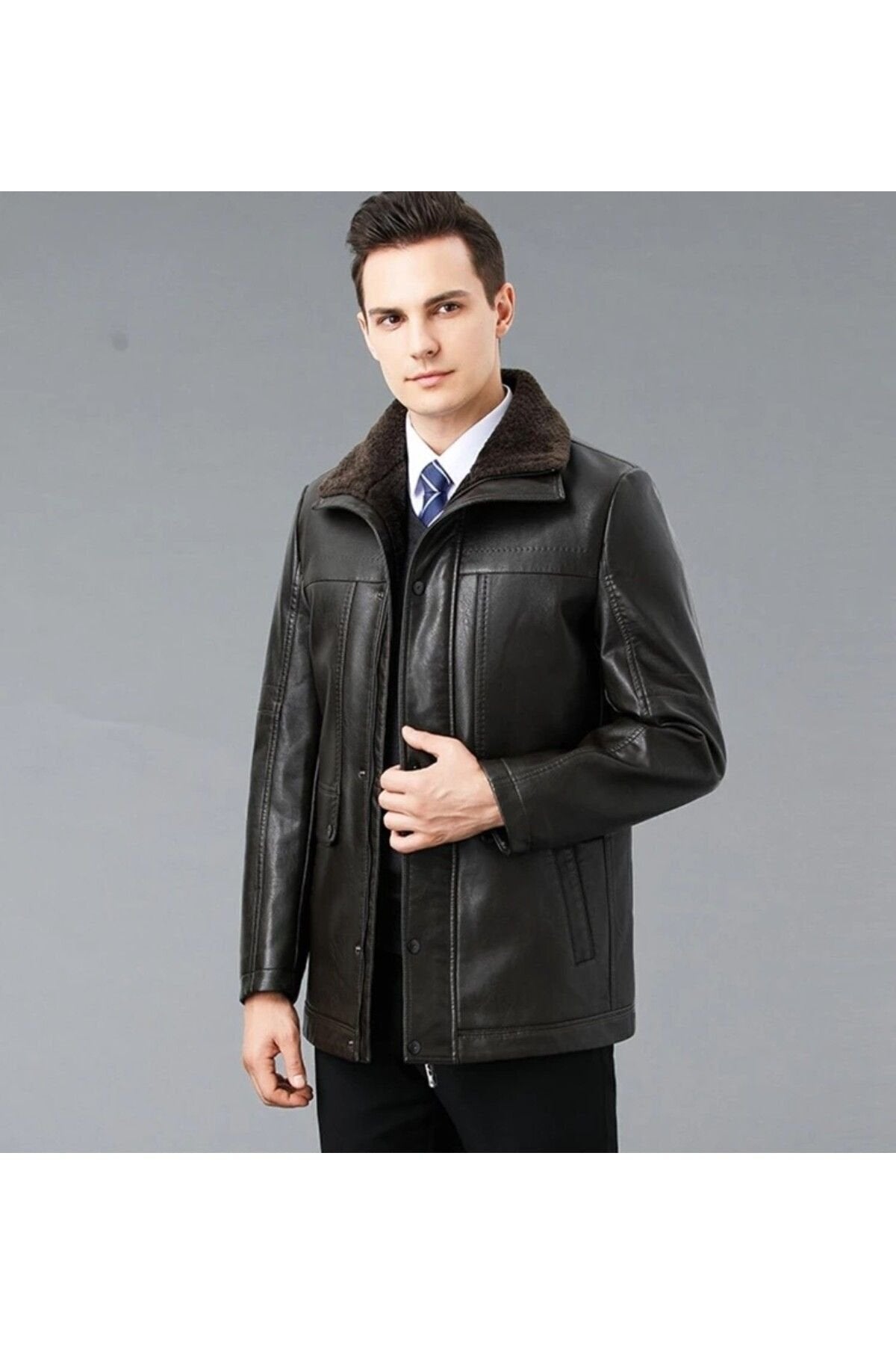Hakiki deri İçi kürk yakası entegreli kürk mont kaban