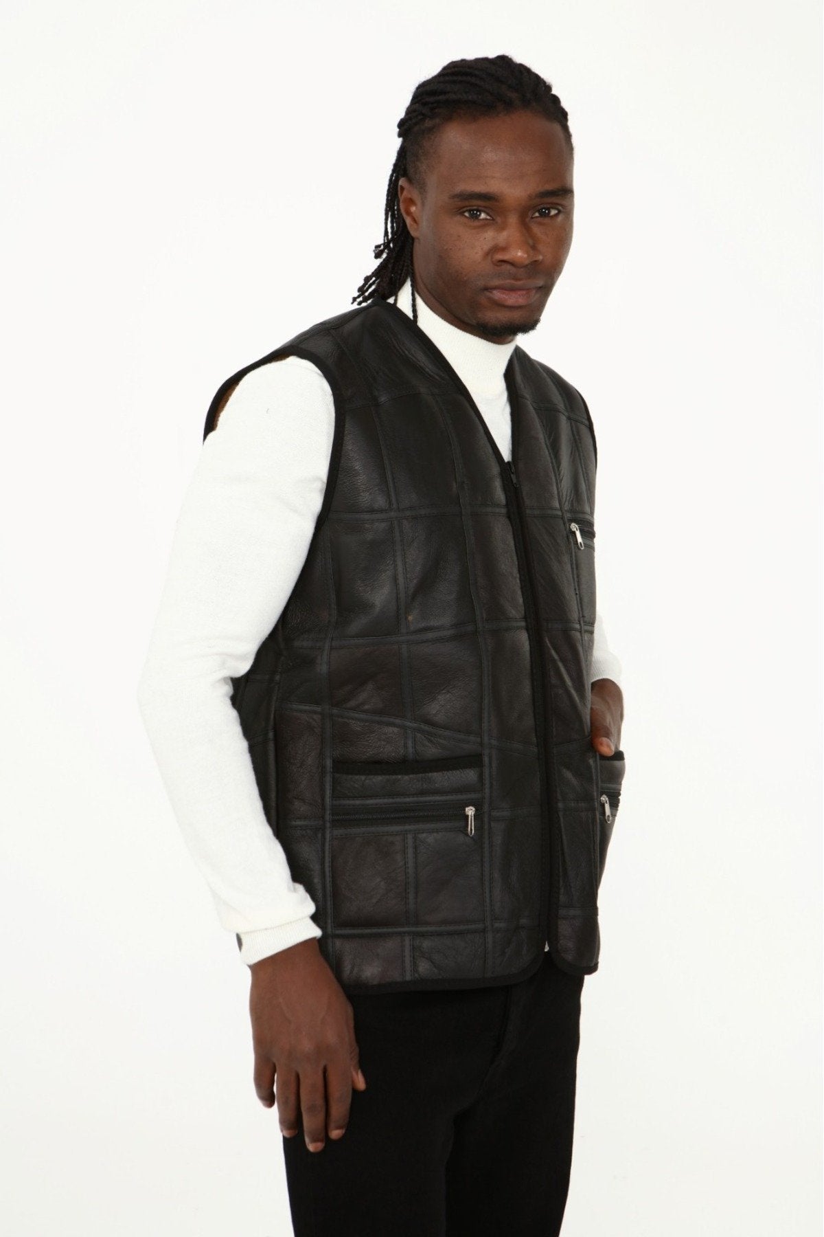 Parçalı Hakiki Deri ve Hakiki Kürk Parçalı yelek Koyu Kahverengi,