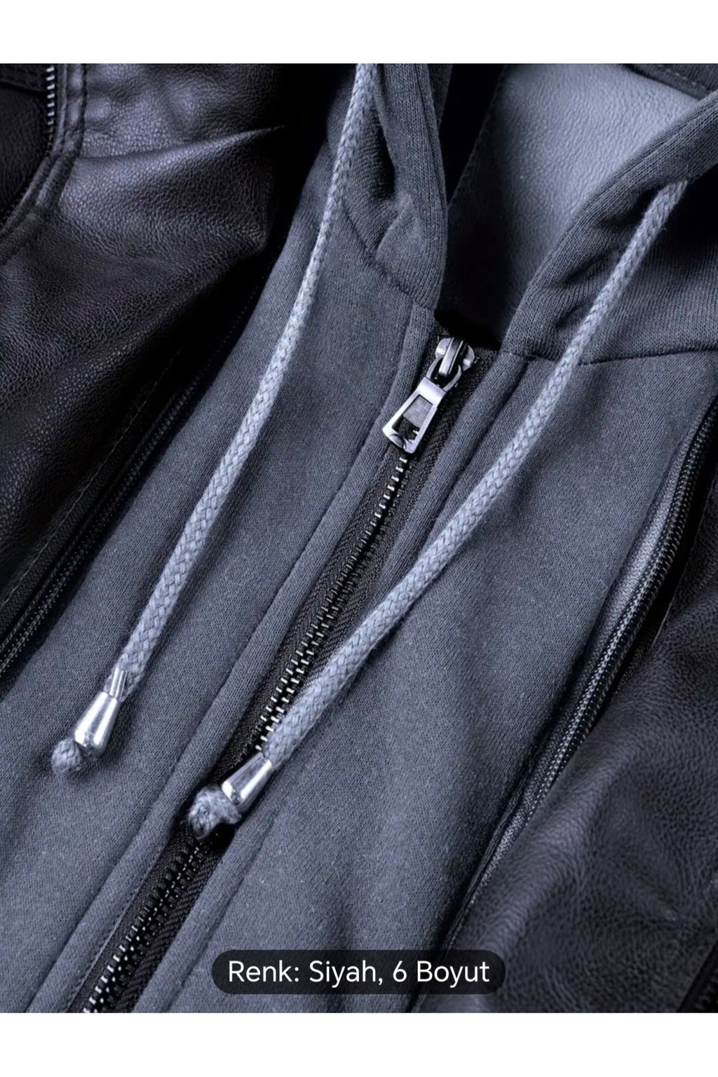 Kapüşonlu hakiki deri dikiş ve ribana detaylı mont