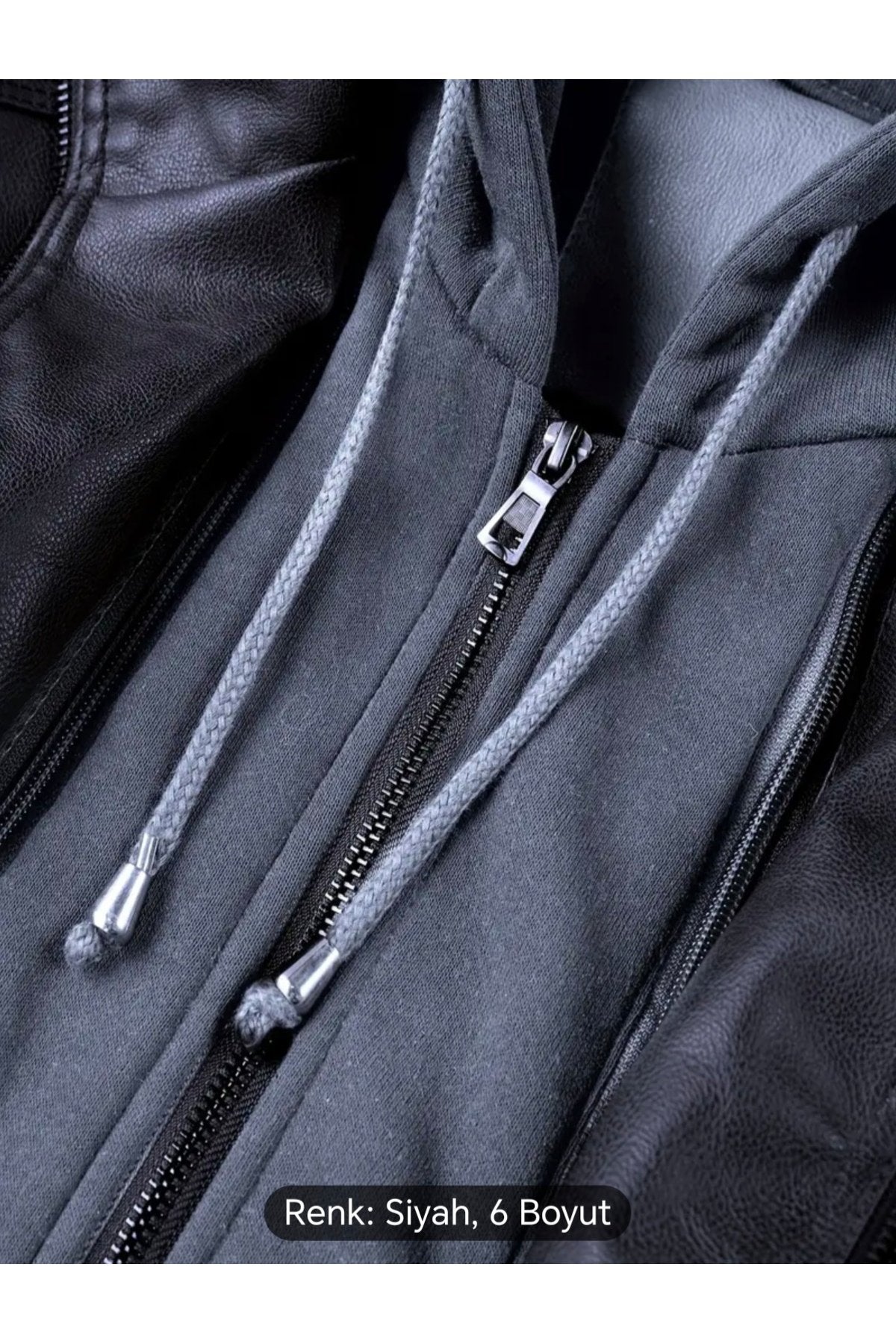 Kapüşonlu hakiki deri dikiş ve ribana detaylı mont