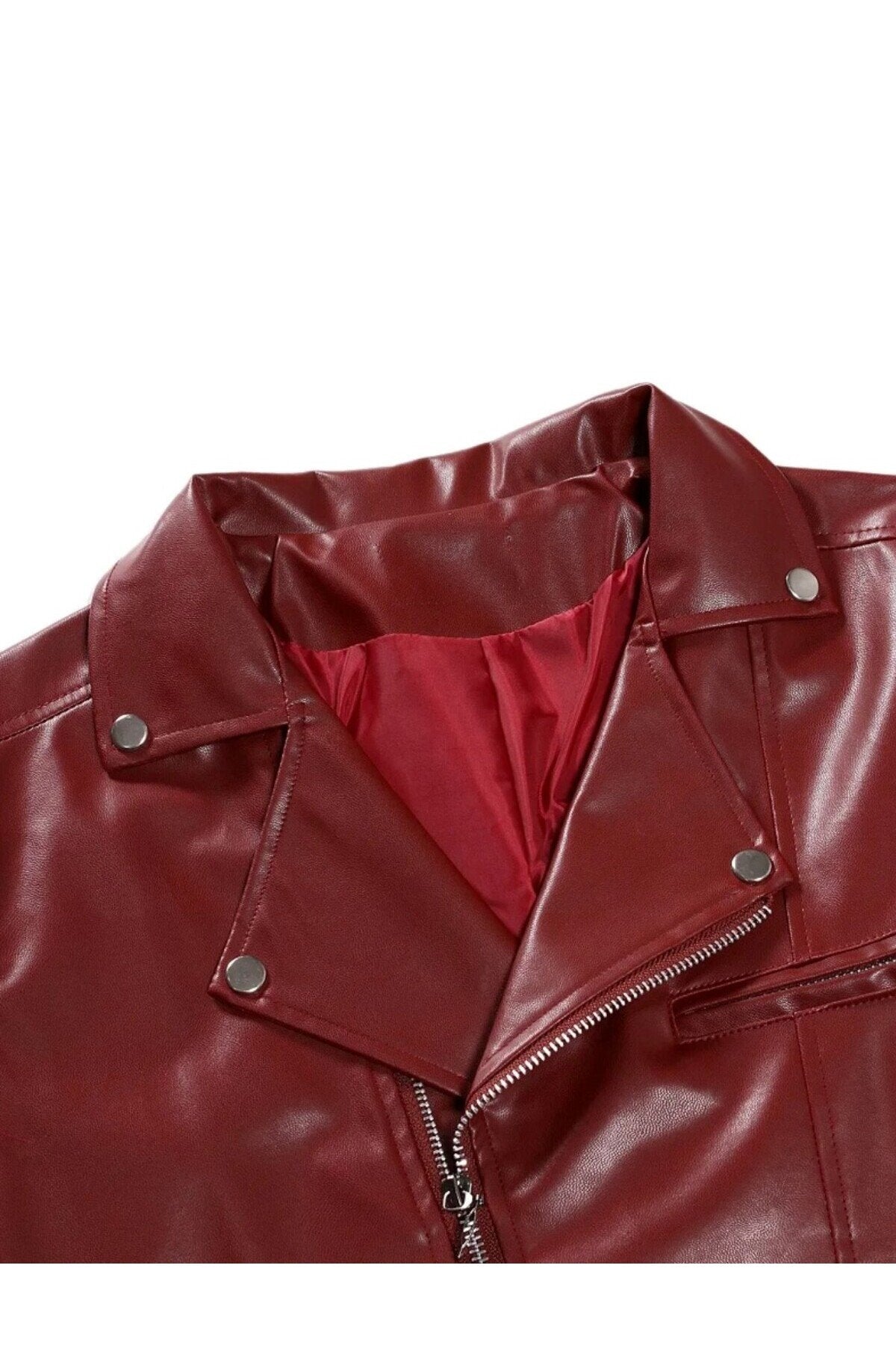 Motorcu tarzı traşlı dana derisi biker mont bordo renk