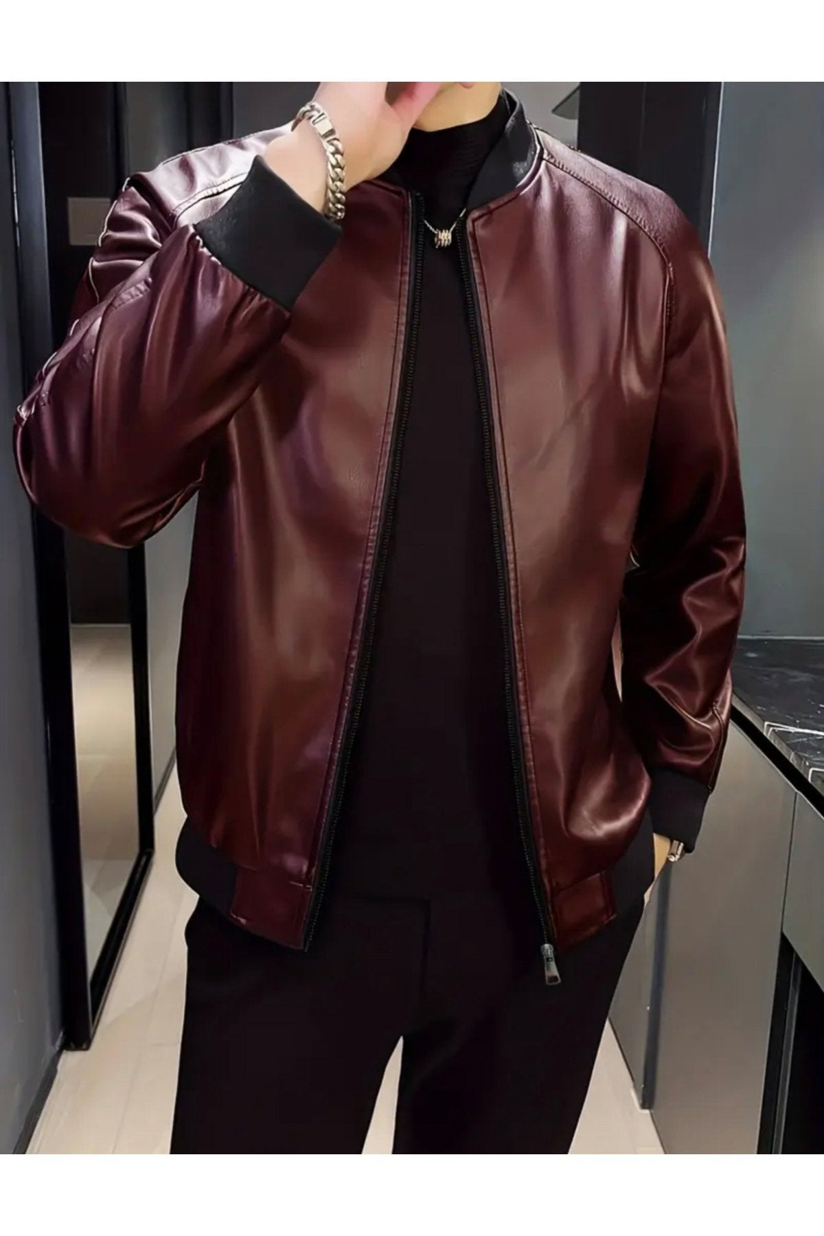 Hakiki Kuzu Derisi Trikolu Spor Ceket Bisiklet Yaka