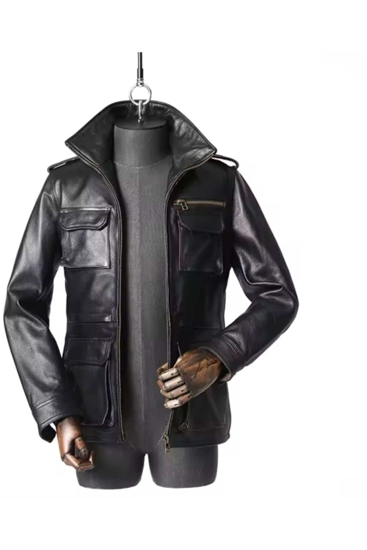 Yakası fermuarlı dik hakim yaka hakiki deri mont