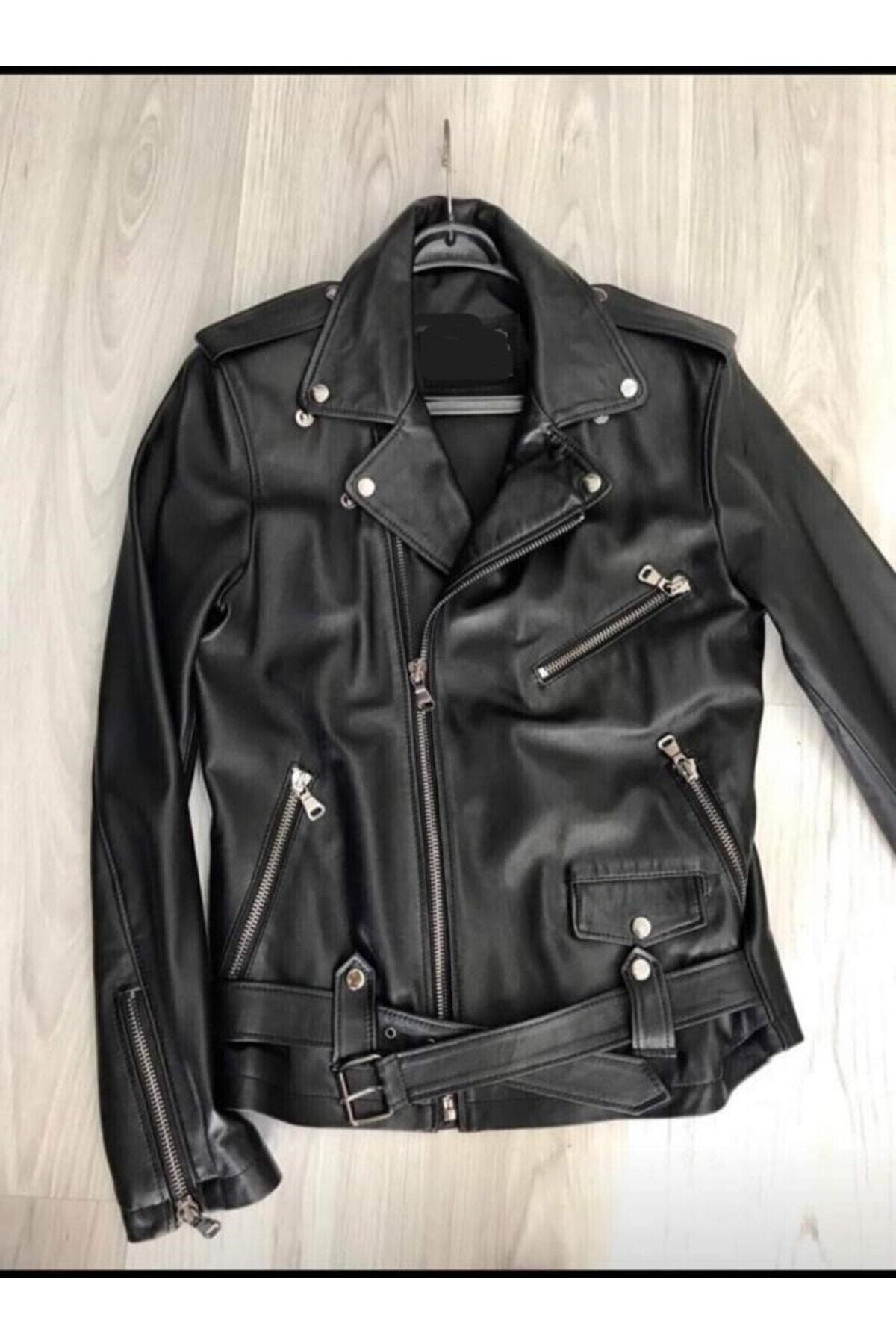 Motorcu tarzı Hakiki deri biker mont siyah renk