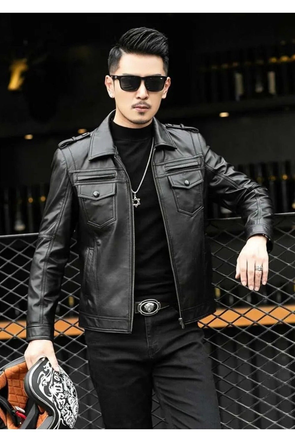 Hakiki deri ceket tarzı mont apoletli