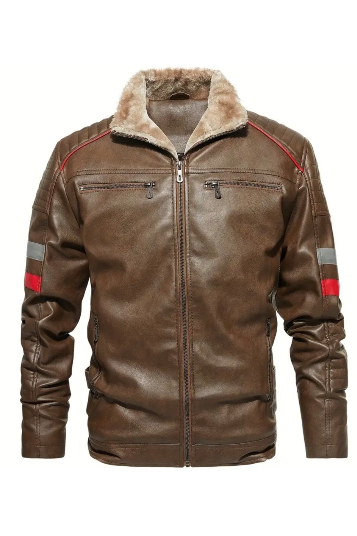 İçi Kürklü Kolları Yatay Kırmızı ve Gri Çizgili Mont