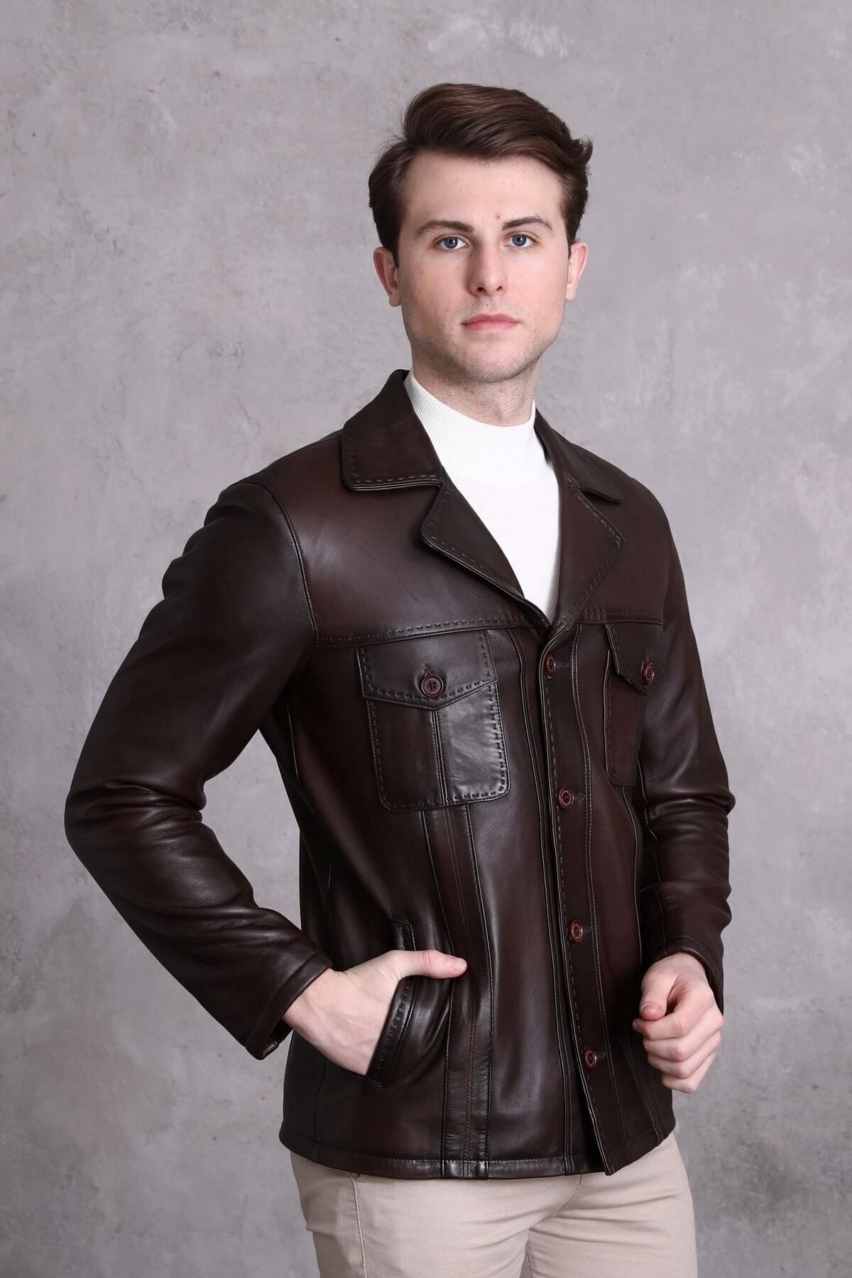 Hakiki Deri Ceket Karartmalı Koyu Kahve