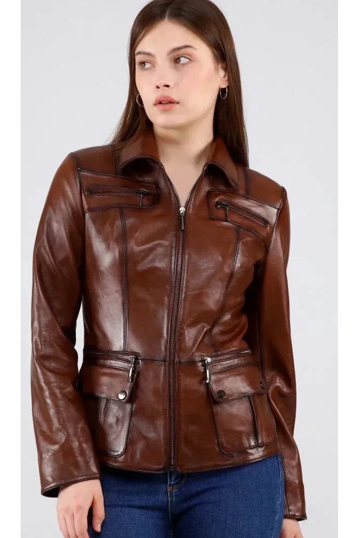 Hakiki deri  ceket tarzı mont kahve renk