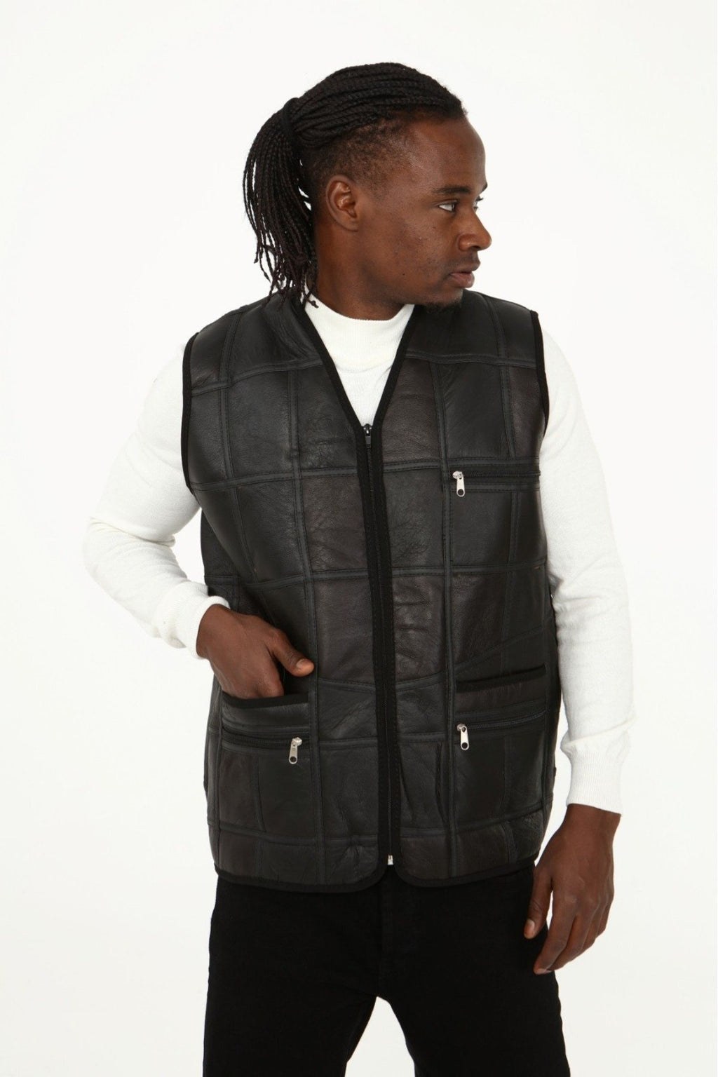 Parçalı Hakiki Deri ve Hakiki Kürk Parçalı yelek Koyu Kahverengi,