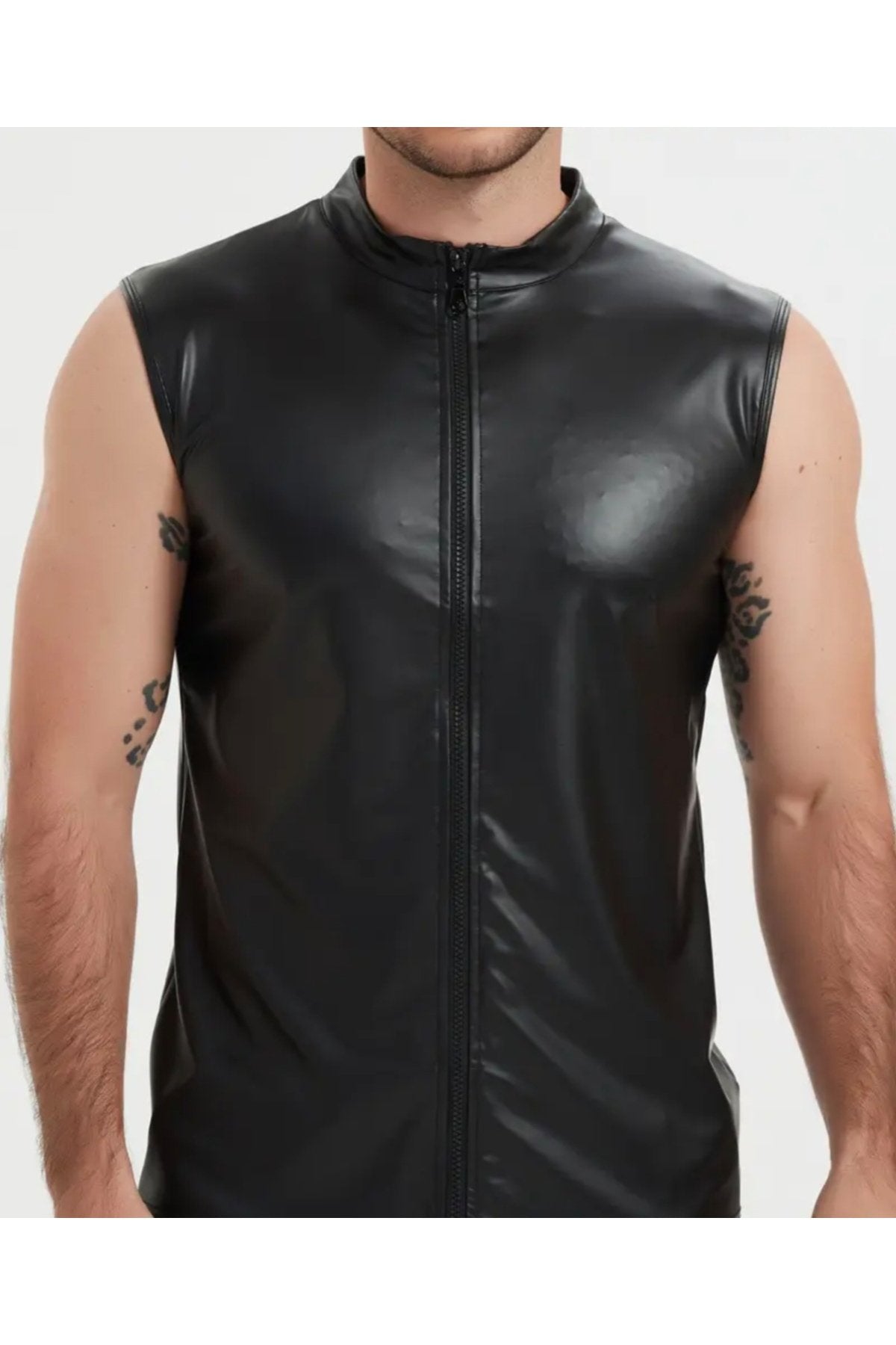 Pu Deri Erkek Yelek Fermuar Kapamalı Dik Yaka